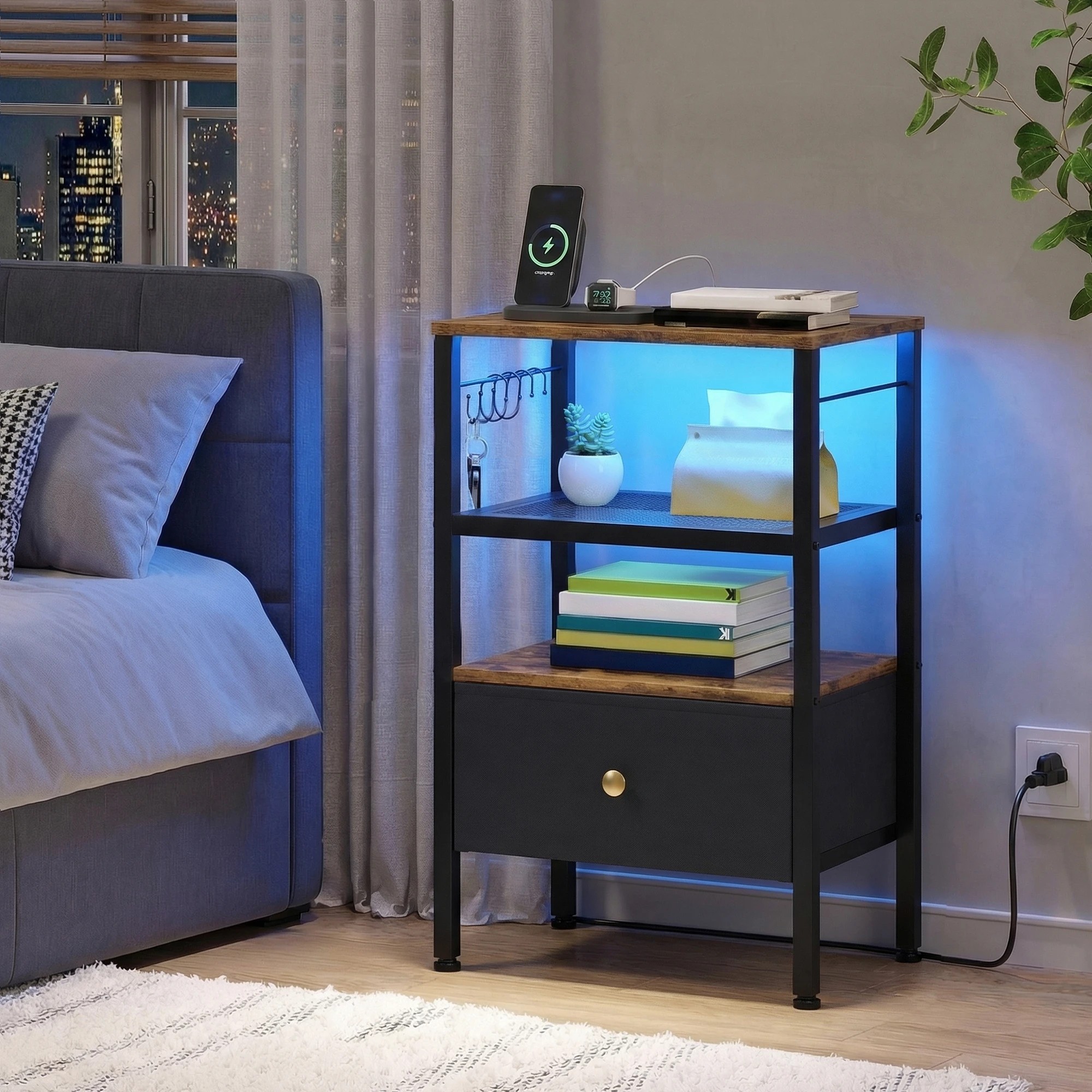 6 Advwin Bedside Table with Fabric Drawer Charging Station LED Lights - Brown, 6 of 6