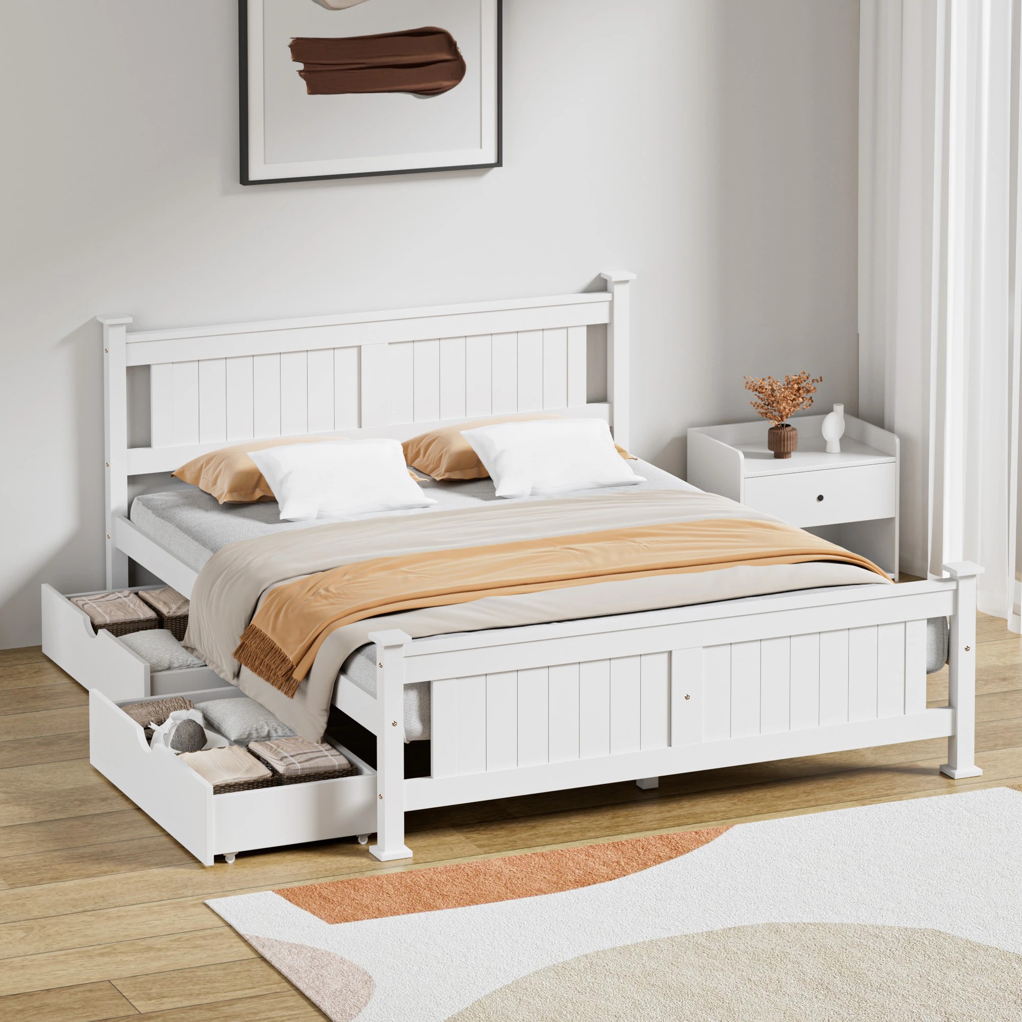 3 Oikiture Solid Pine Wood Bed Frame with 2 Trundle Drawers Queen - White, 3 of 7