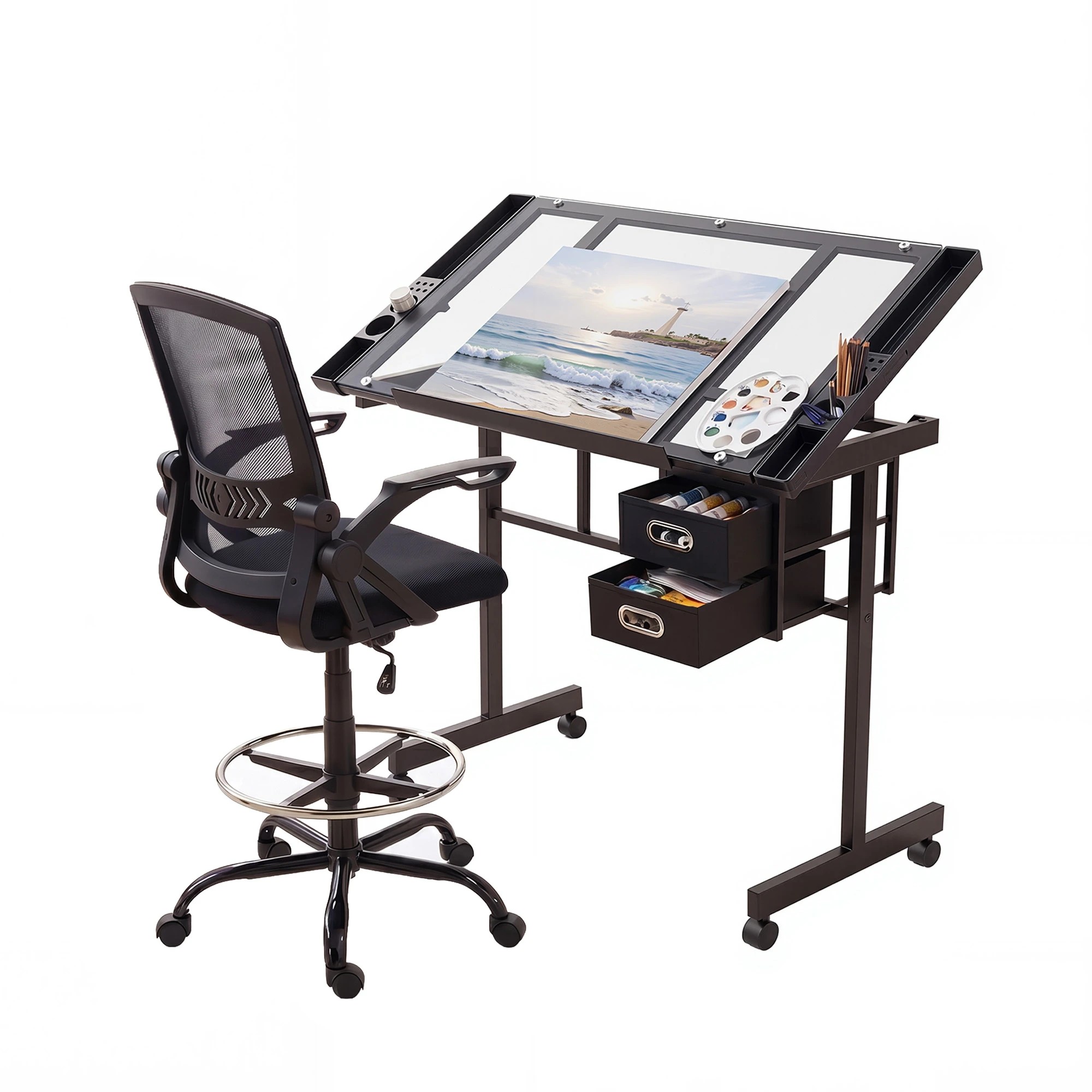 1 Artiss Drawing Table w/ Glass Top & Ergonomic Chair – Drafting Desk w/ Drawers for Art Studi - Black, 1 of 9