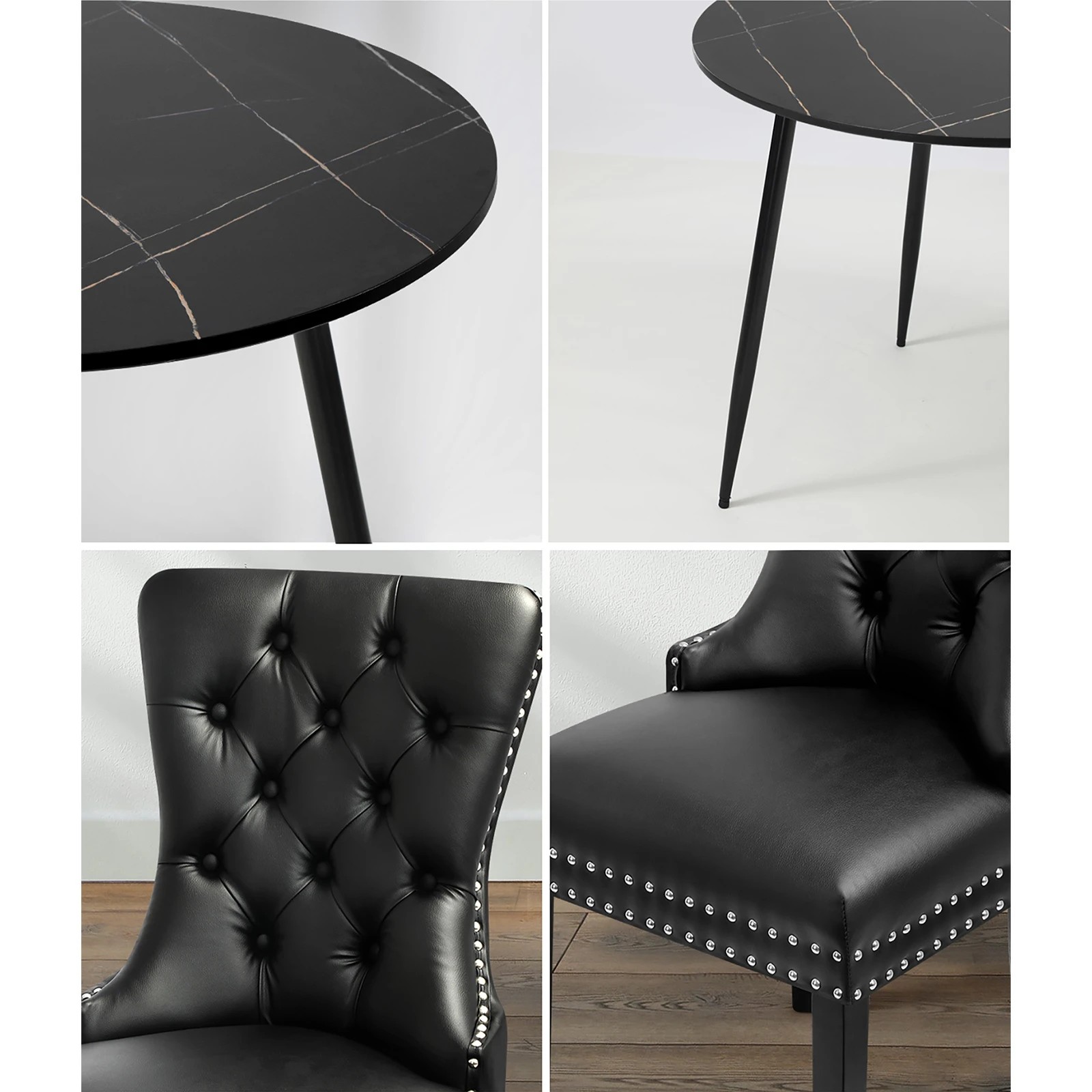 5 Oikiture 110cm Round Dining Table With 4pcs Dining Chairs Pu Leather
 - Black, 5 of 10