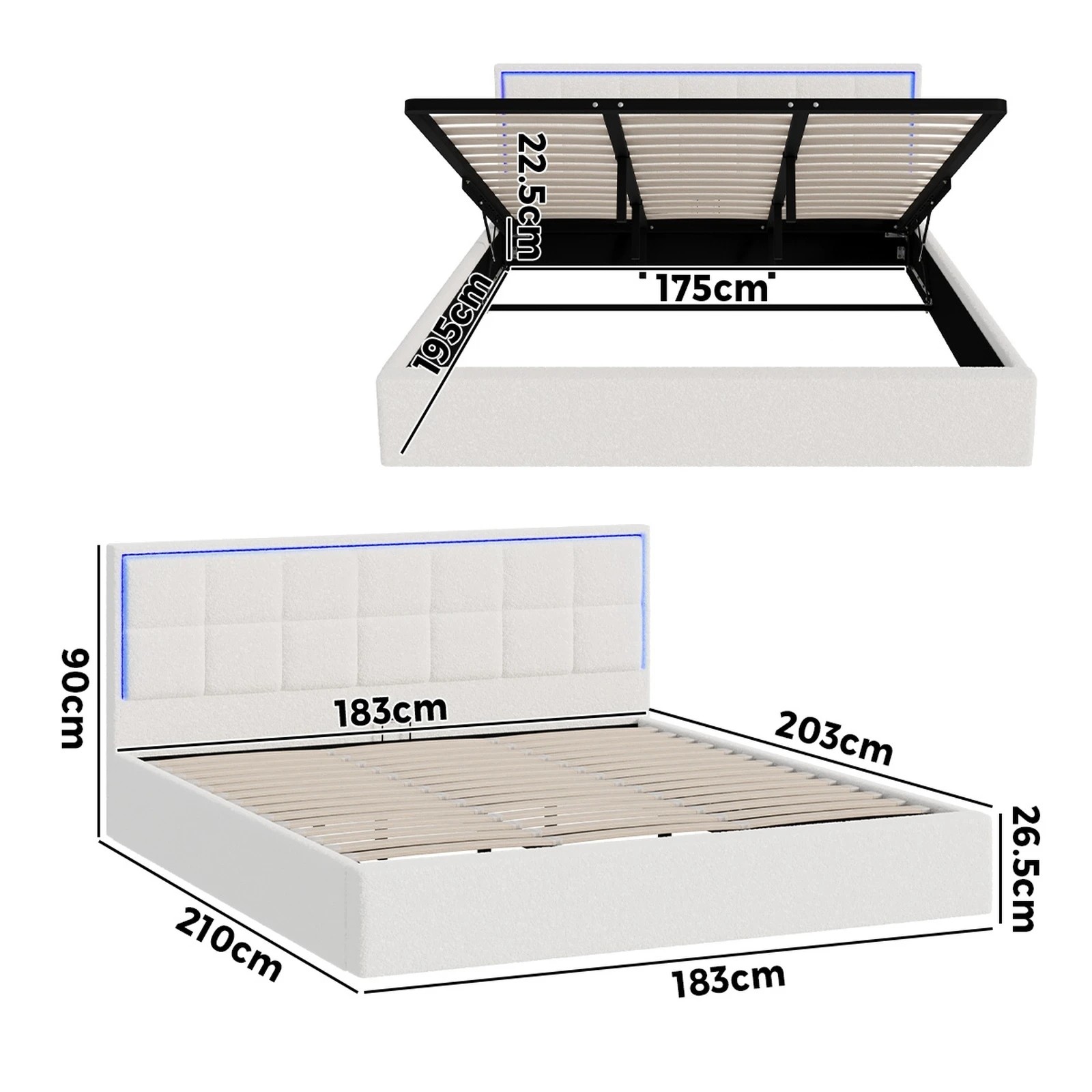 2 Oikiture Bed Frame King Size RGB LED Gas Lift Storage Base Boucle - White, 2 of 9