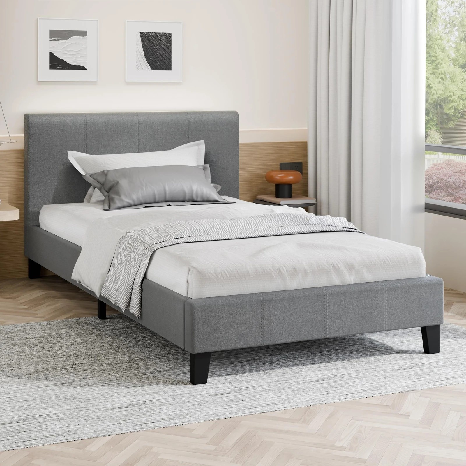 5 Alfordson Bed Frame Single Size Mattress Base Wooden Platform Fabric - Grey, 5 of 10