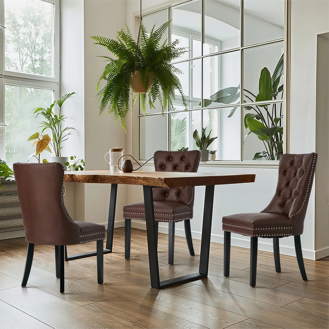 4 Oikiture 4x Dining Chairs Upholstered French Provincial Tufted PU Leather - Brown, 4 of 10