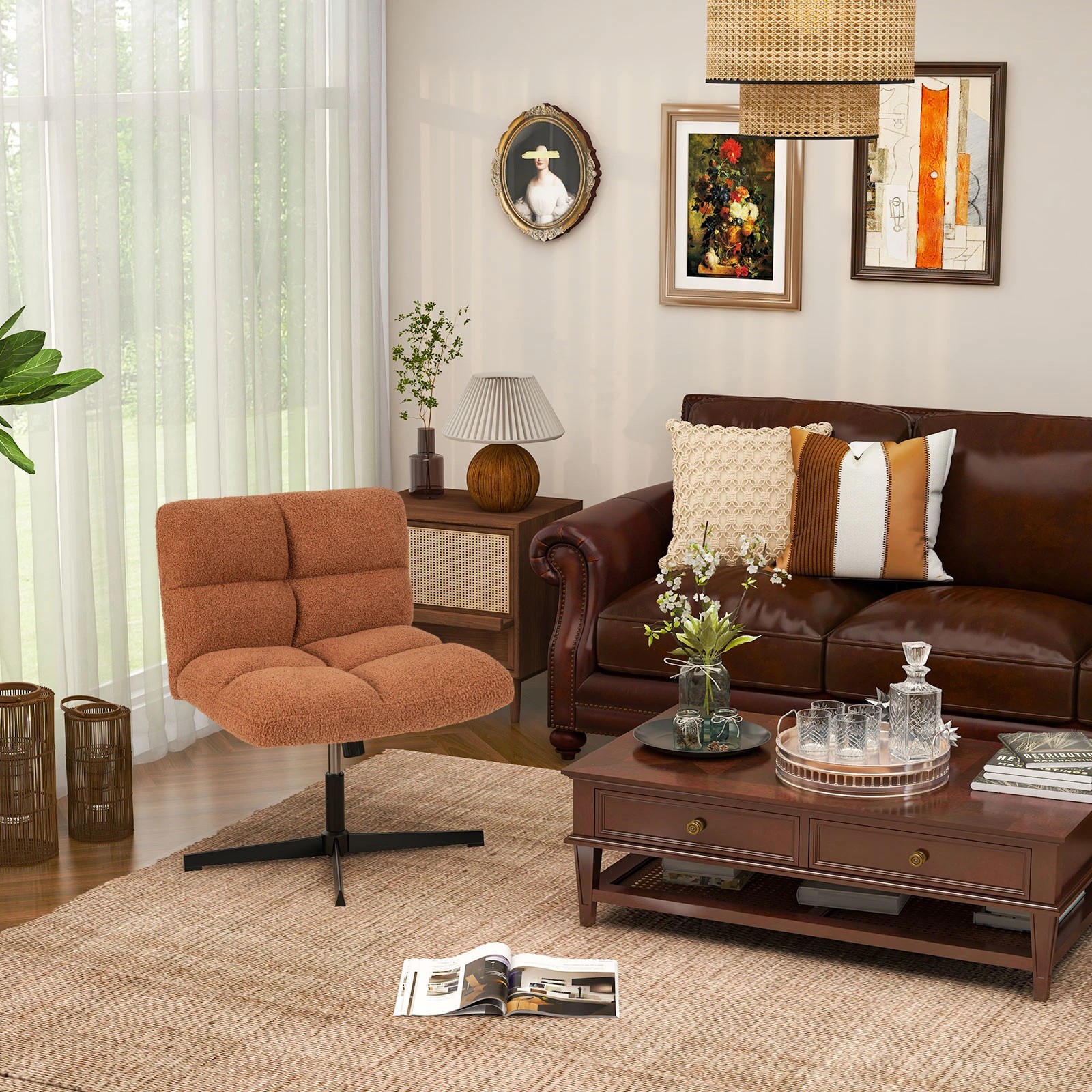 3 Costway Armless Office Desk Chair Modern Swivel Vanity Chair w/Imitation Lamb Fleece - Brown, 3 of 4