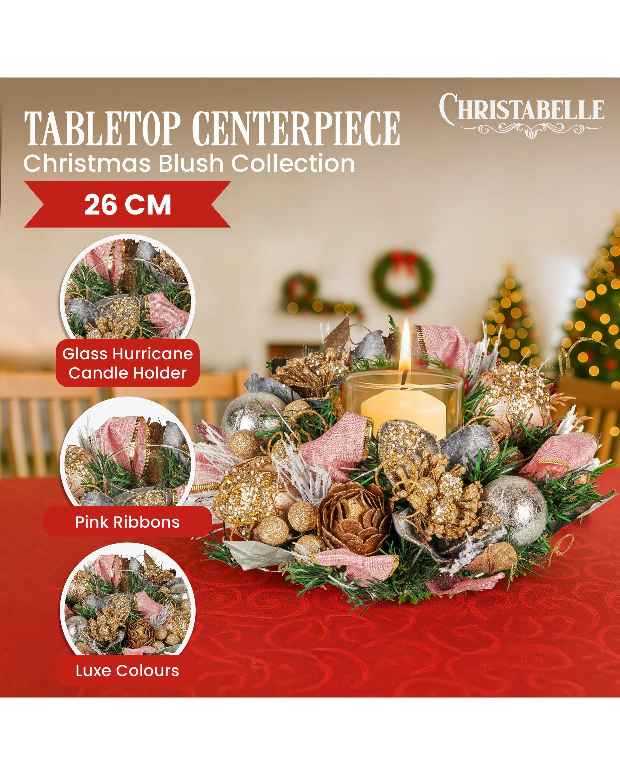 6 Christabelle 26cm Christmas Centrepiece Lush Green Holiday Jewelled Baubles Foliage Flowers Pine Cones Ribbon, 6 of 9