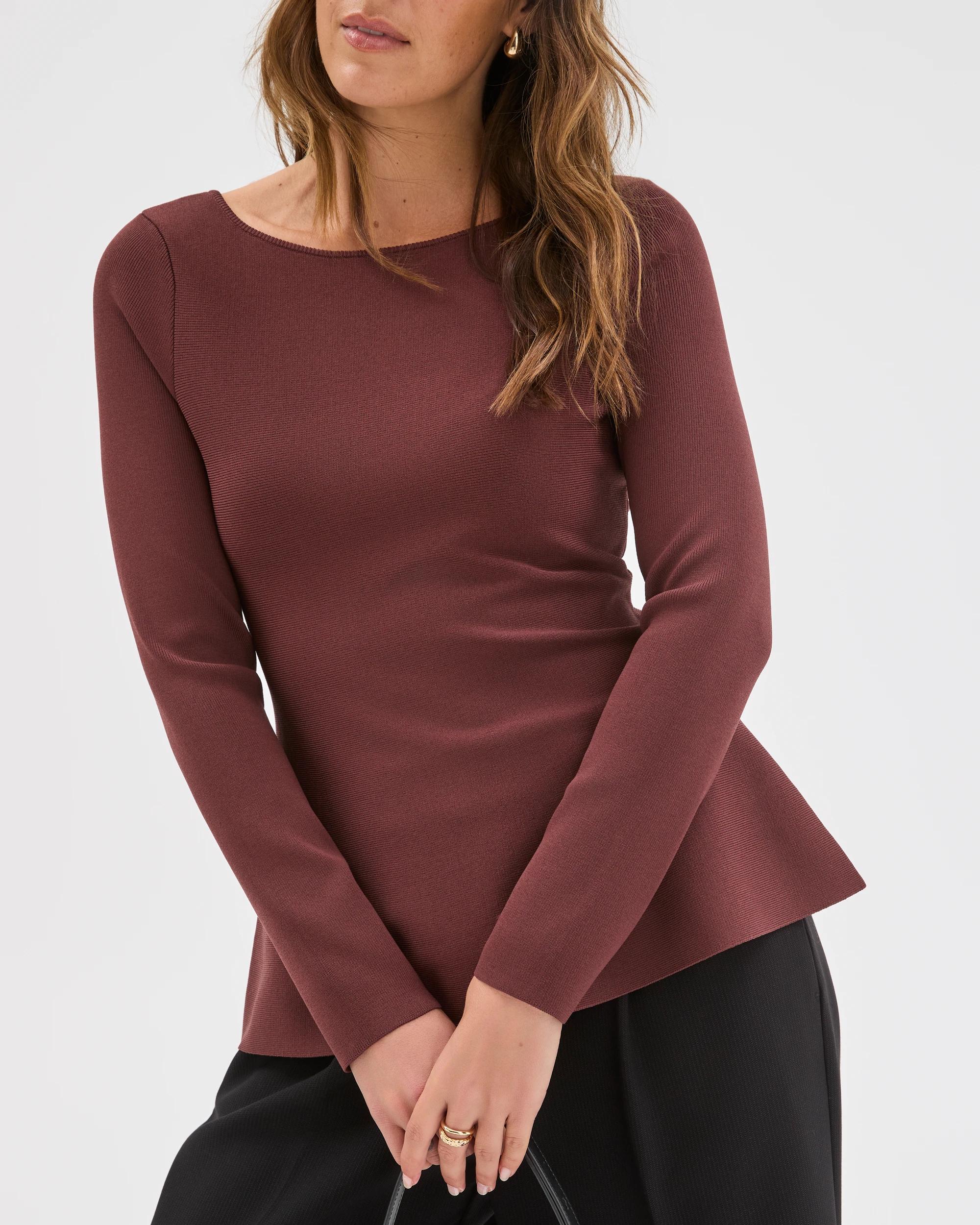 5 Preview Long Sleeve Peplum Crepe Knit Top DARK CHOCOLATE, 5 of 7