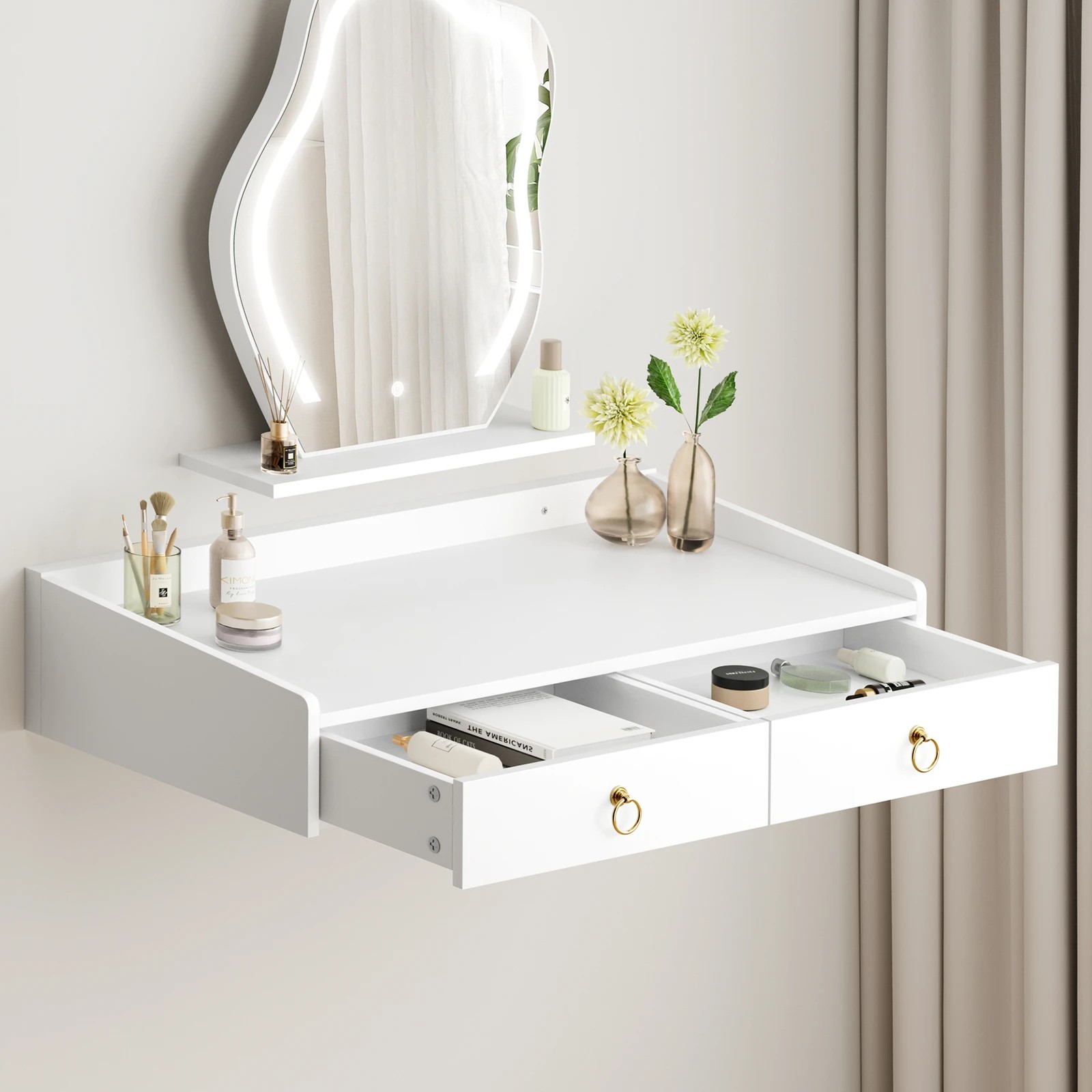 3 Alfordson Dressing Table Stool Floating Makeup LED Vanity Desk - White, 3 of 9