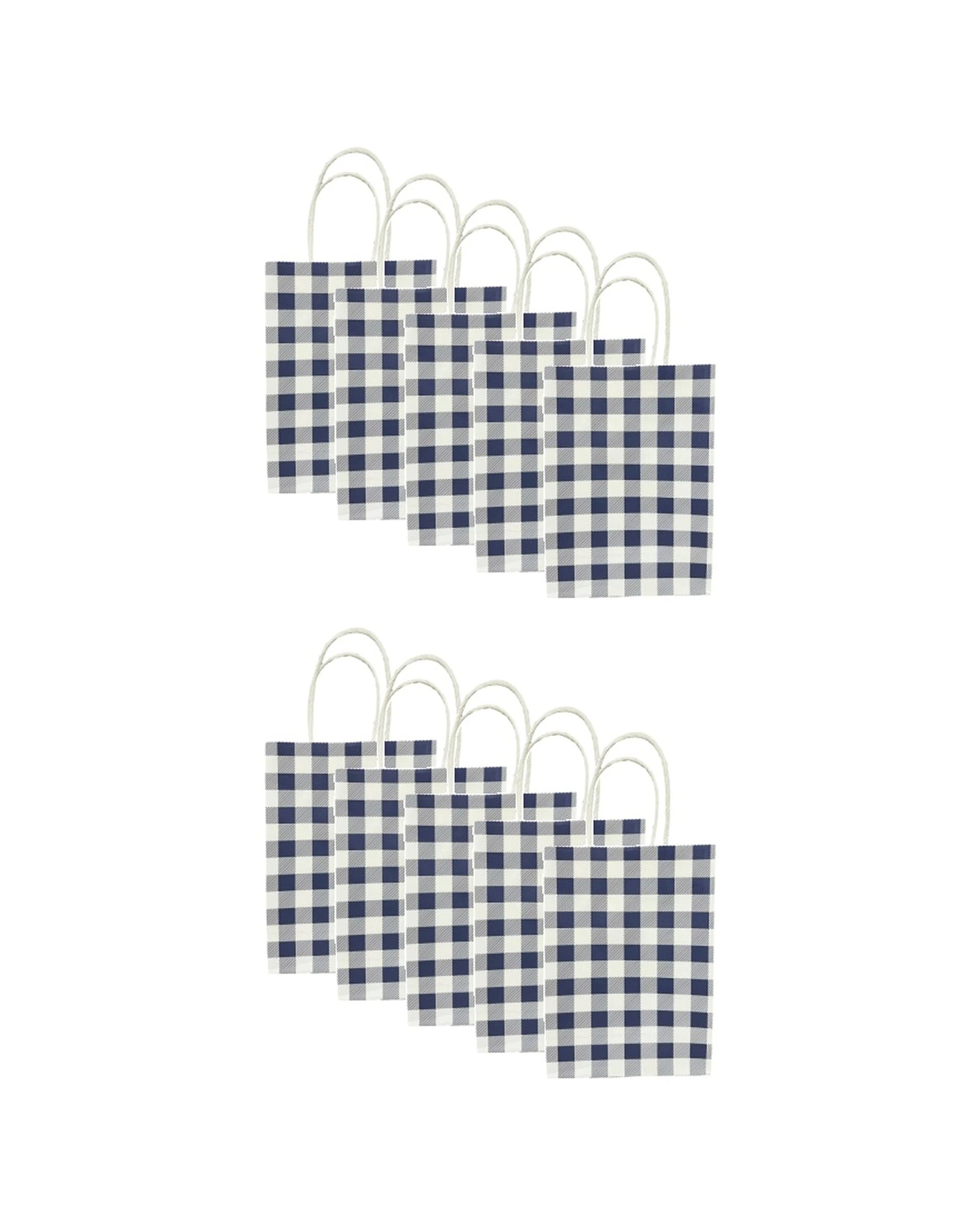 1 Party Maker 10pc Gingham Paper Gift Bags With Carboard Handle - Blue, 1 of 1