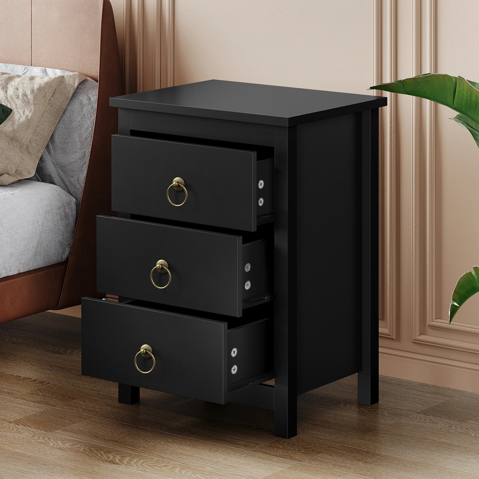 6 Alfordson Bedside Table Hamptons 3 Drawers Nightstand Storage Side End - Black, 6 of 10