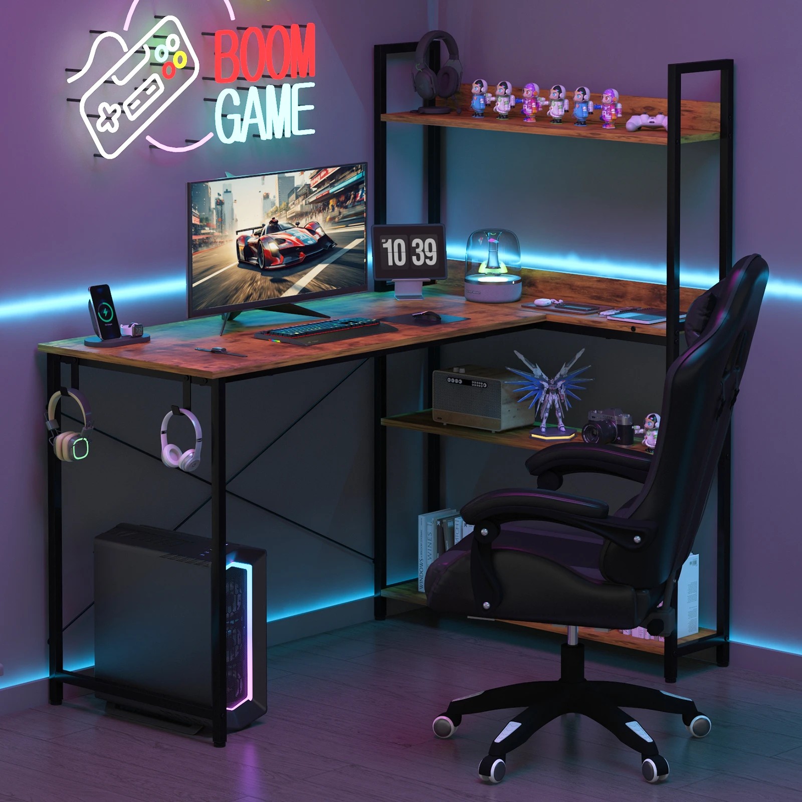 3 Advwin 110cm L Shaped Computer Desk With Reversible Storage Shelves Corner Desk - Brown, 3 of 8