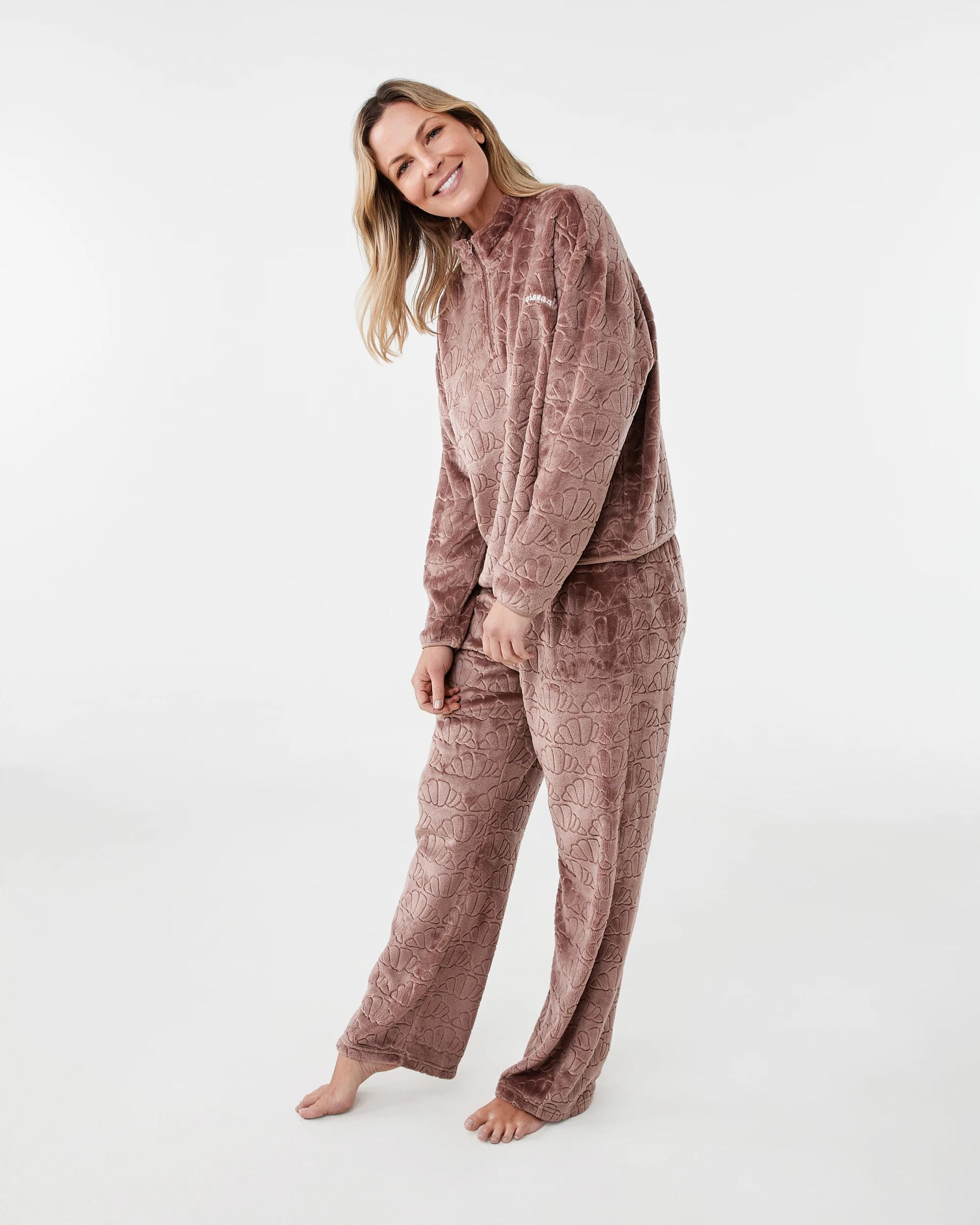 2 Quarter Zip Fleece Long Sleeve Top and Pants Pyjama Set Croissant, 2 of 8