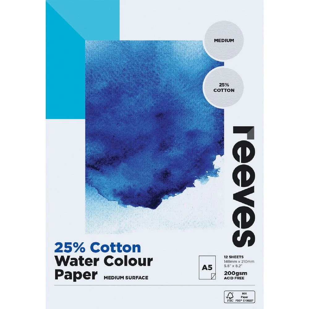 1 Reeves 25% Cotton Watercolour Pad 200gsm 12 Sheets A5, 1 of 1