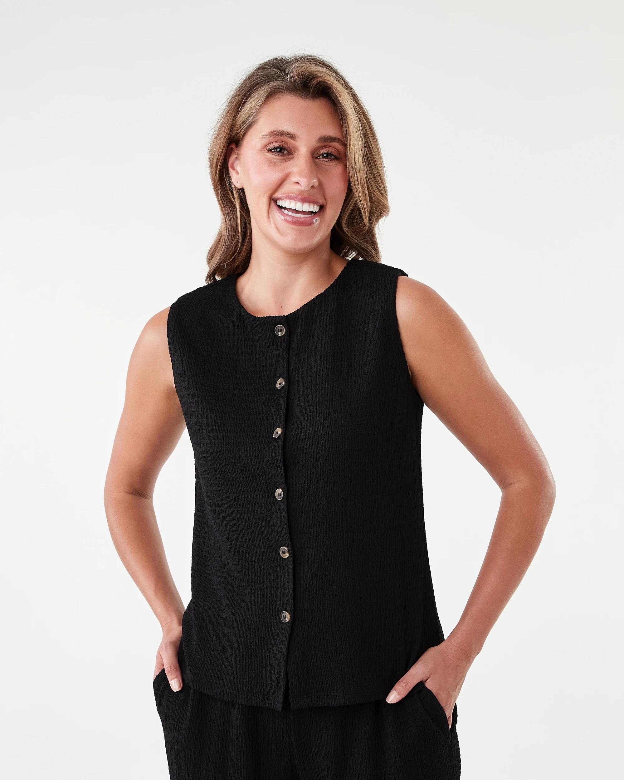 1 Sleeveless Textured Button Through Top Black, 1 of 7