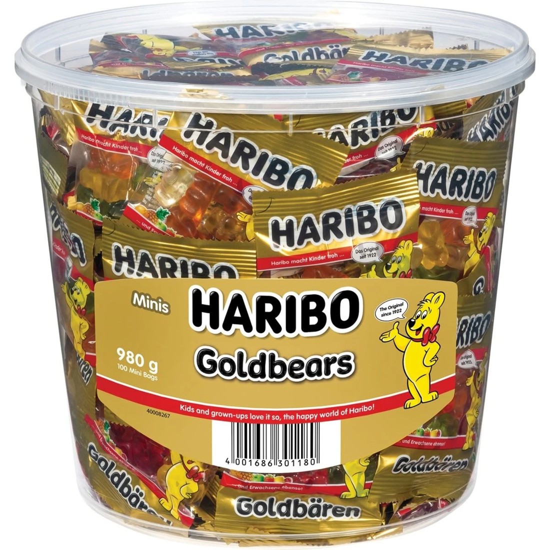 1 100 Piece Haribo Goldbears Mini Bags Bucket 980g, 1 of 2