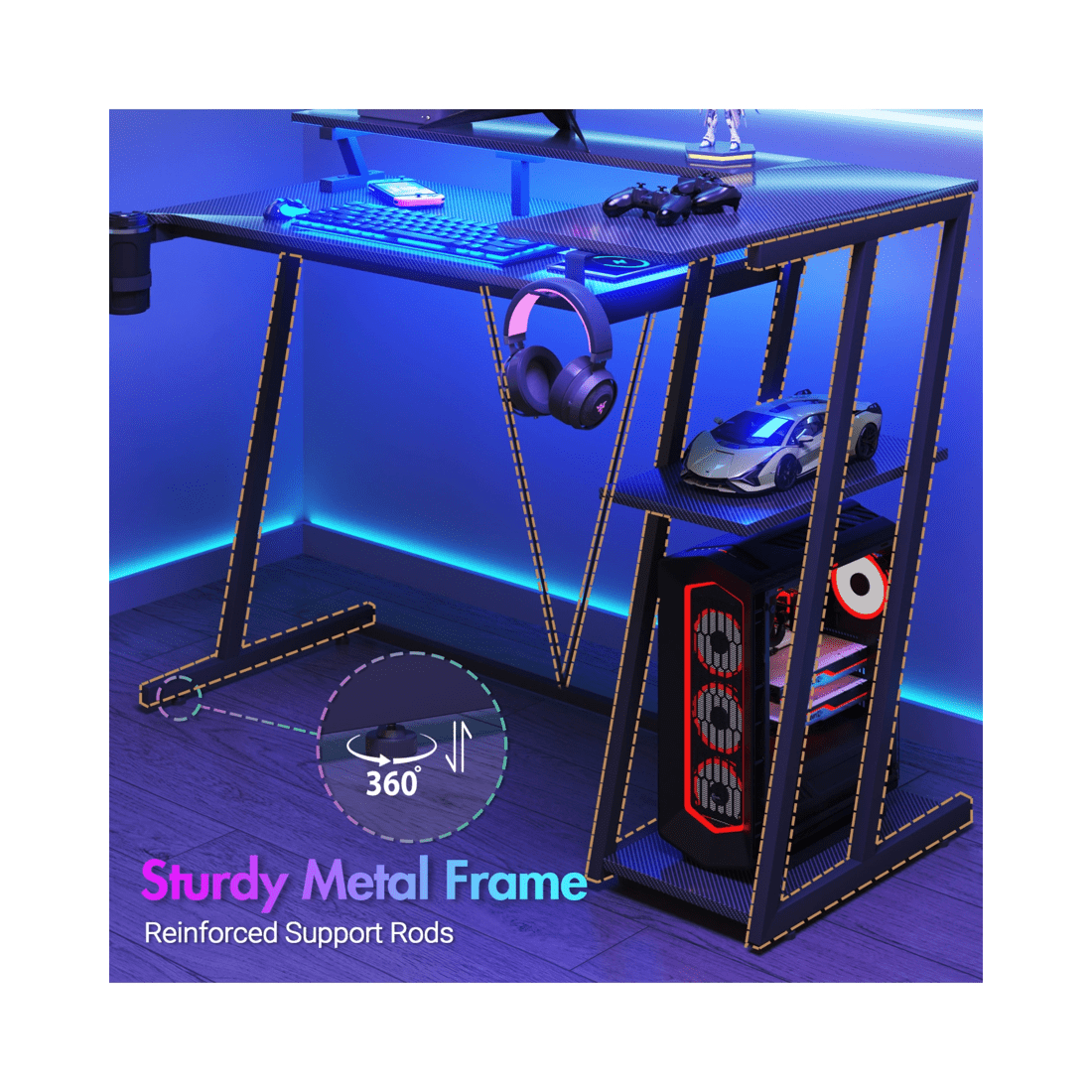 9 Advwin L Shaped Gaming Desk With Led Lights & Power Outlets 120cm - Black, 9 of 10