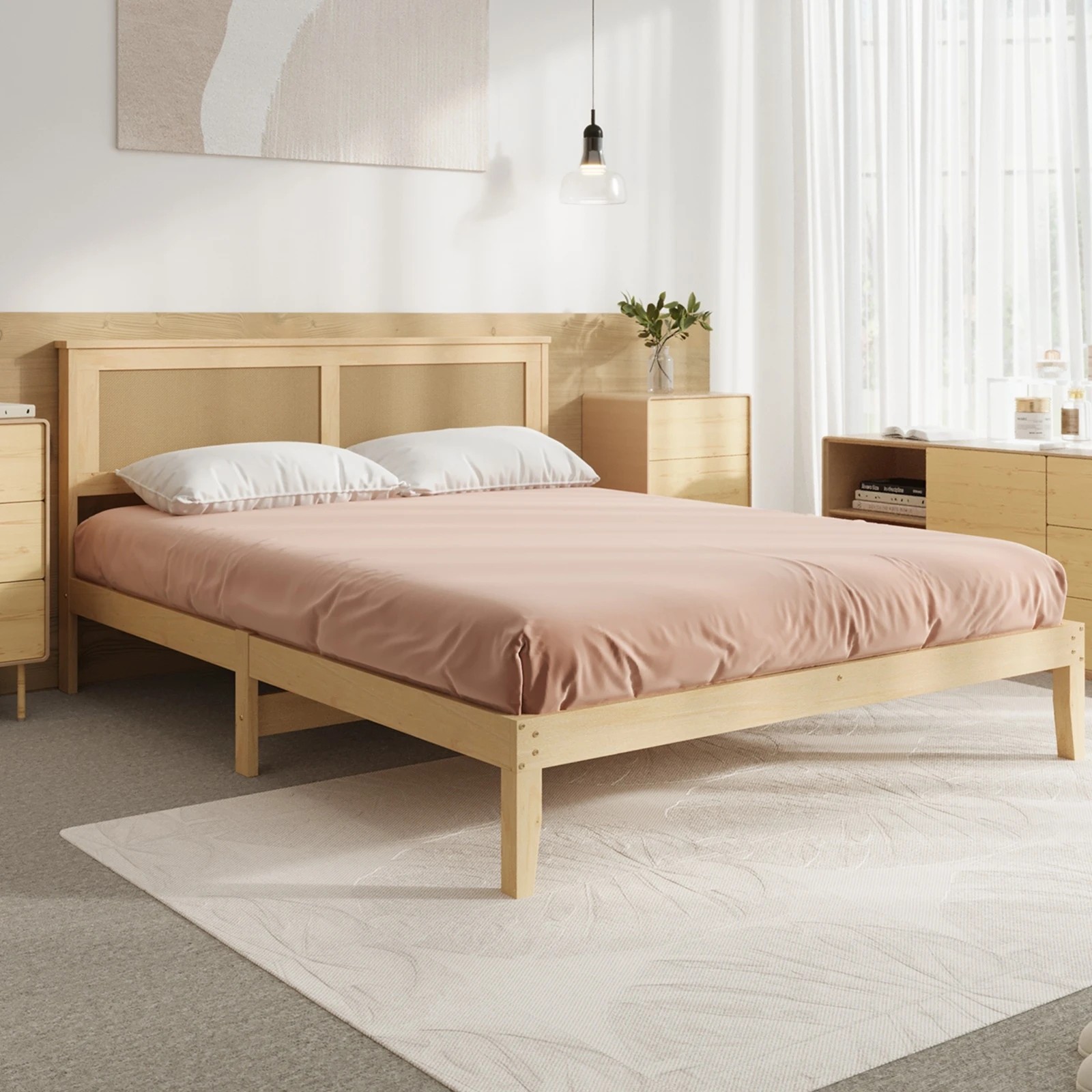 4 Oikiture Wooden Bed Frame Rattan Headboard Double - Double Bed - Natural, 4 of 10