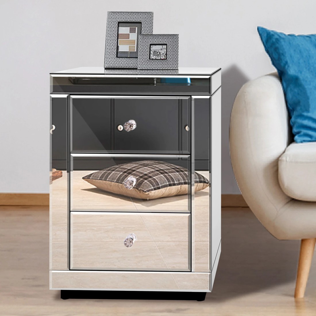 5 Alfordson Bedside Table Mirrored Cabinet Nightstand Side End Table Drawers - Silver, 5 of 10