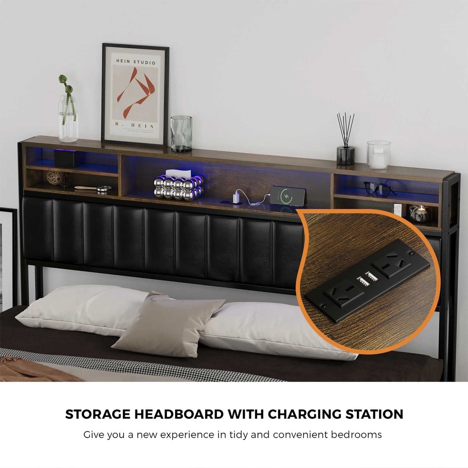 4 Oikiture Bed Frame King Single Size LED Storage Headboard With USB Charge - Black, 4 of 9