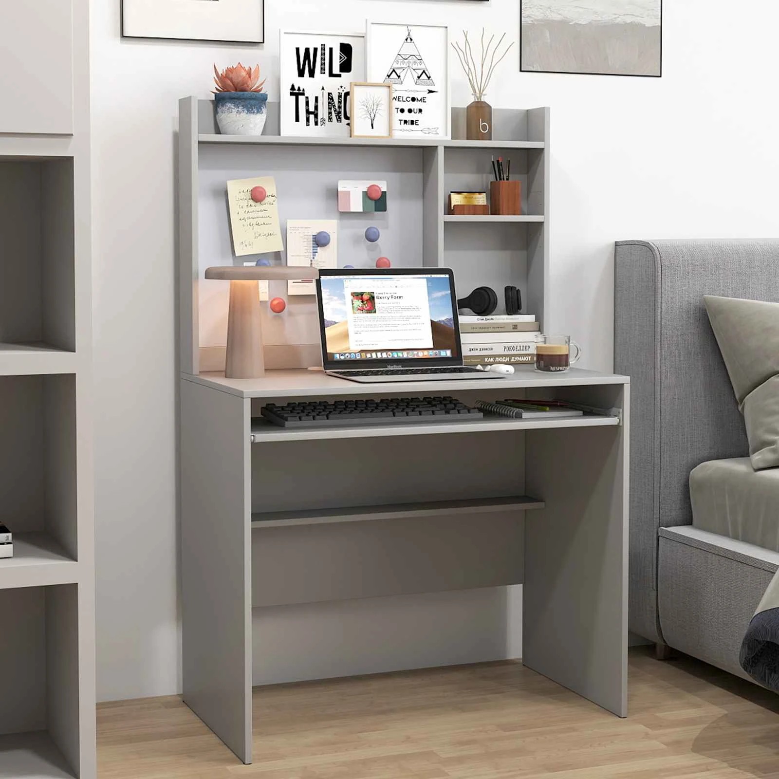3 Costway Computer Desk w/Bulletin Board Study Table Workstation - Grey, 3 of 5