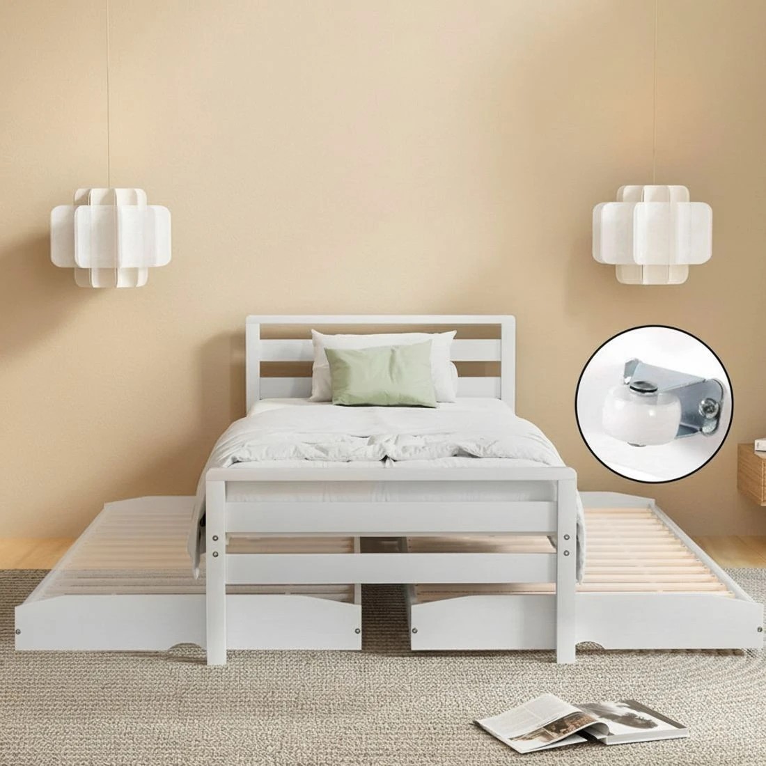 6 Artiss Bed Frame Single Size 2-in-1 Trundle Wooden  AVIS - White, 6 of 7