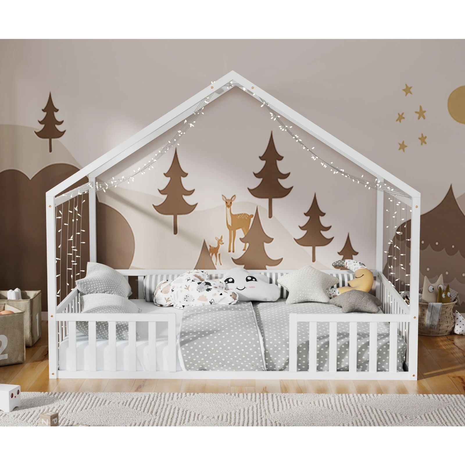 4 Oikiture Double House Bed Kids Wooden Bed Frame - White, 4 of 10