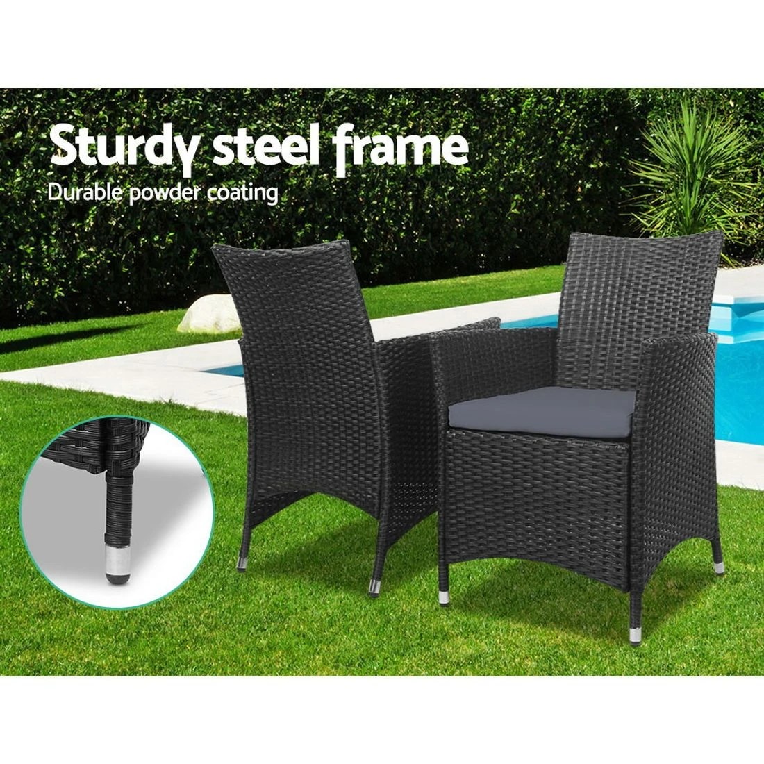 4 Gardeon 3PC Outdoor Bistro Set Patio Furniture Wicker Chairs Table Cushion - Black, 4 of 7