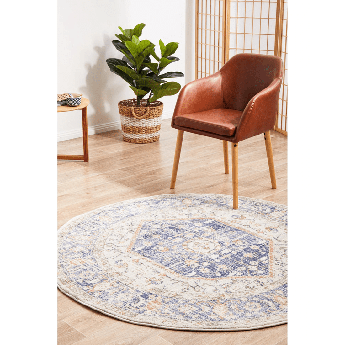 3 RUG CULTURE Mayfair Lorissa Round Rug, Ocean Blue &amp; Peach, 10 mm Polypropylene, Power Loomed, Made in Turkey - Blue, 3 of 9