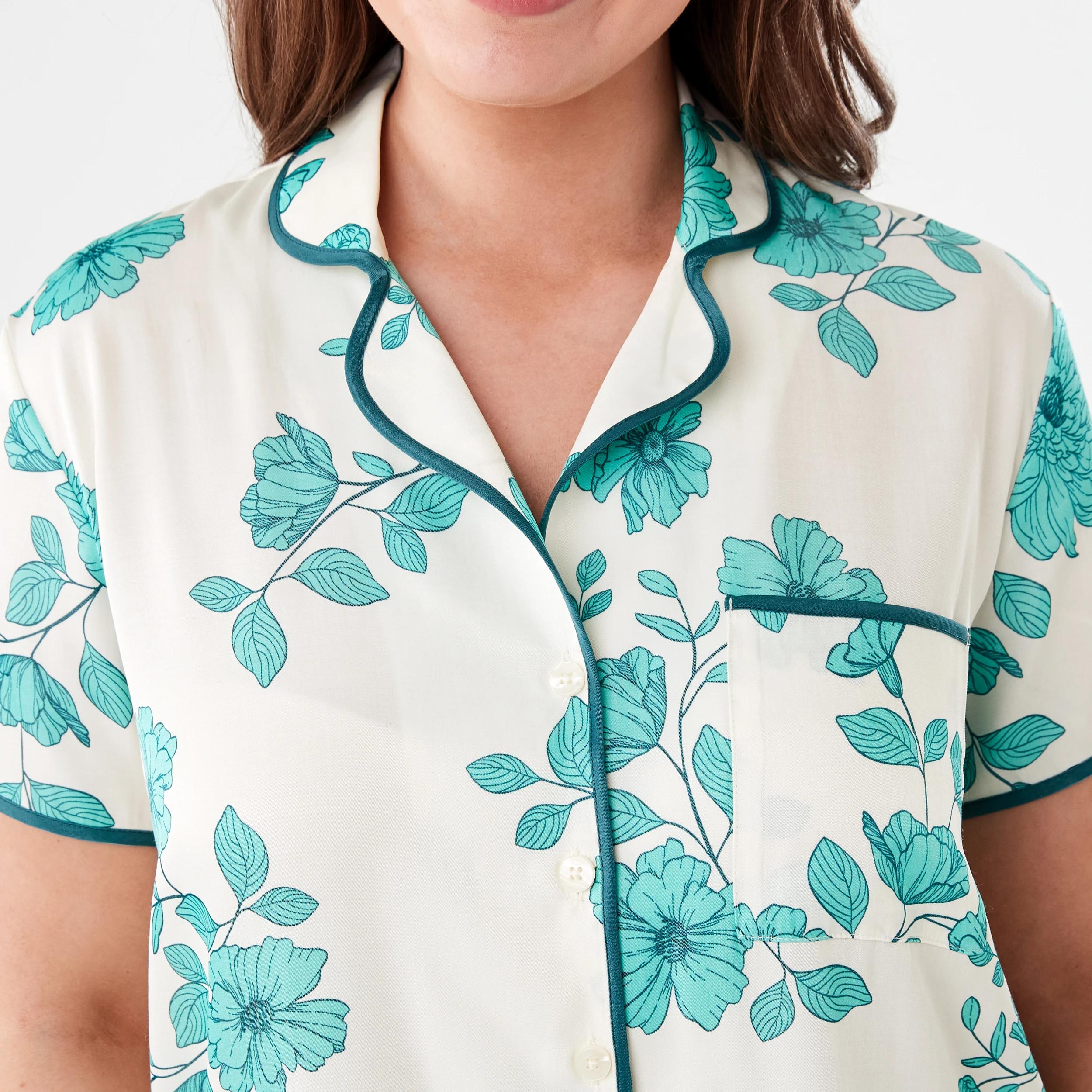 5 Short Sleeve Top and Shorts Matte Satin Pyjama Set GREEN FLORAL DEEP MINT, 5 of 8