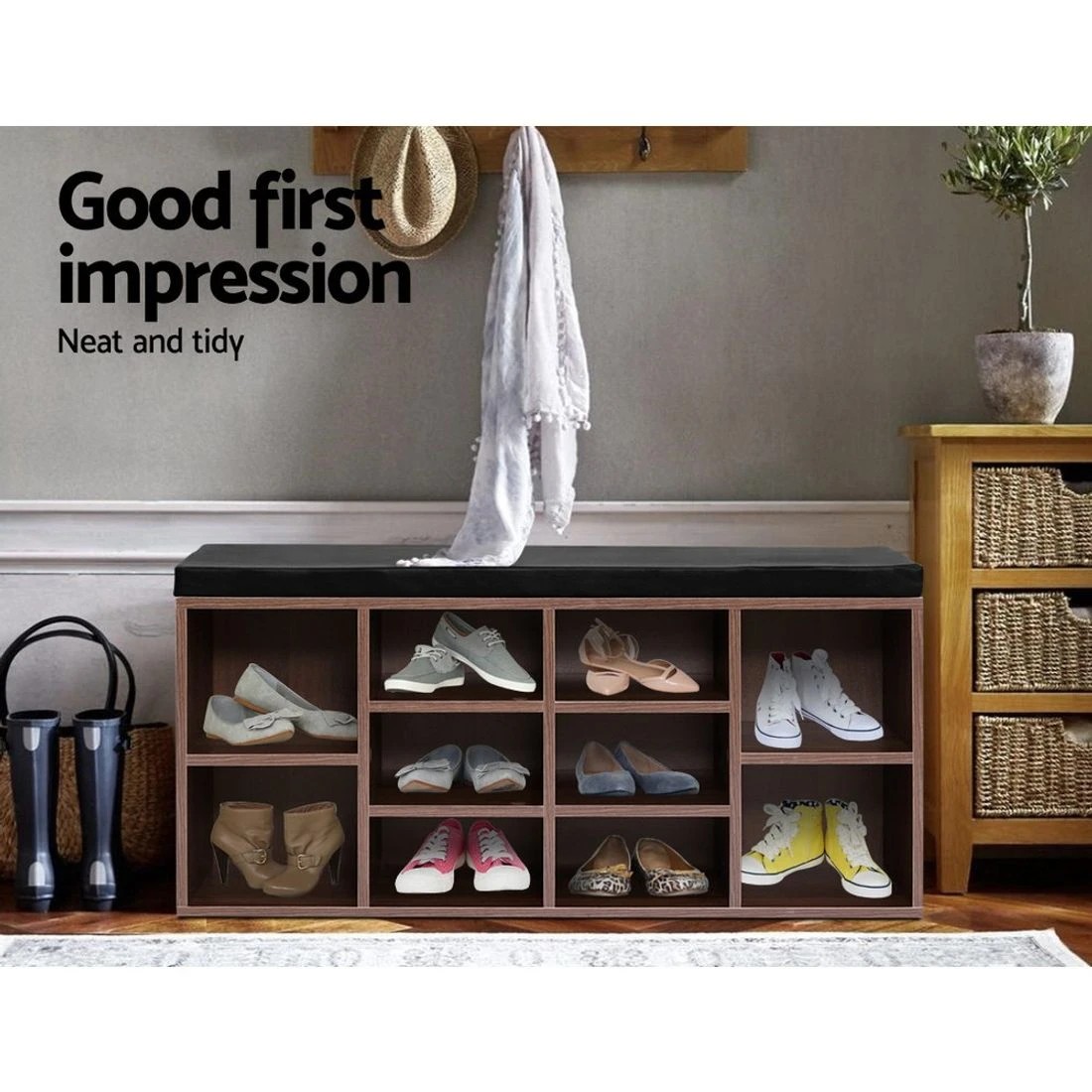 3 Artiss Shoe Rack Cabinet Bench 10 Cubes - Brown, 3 of 7