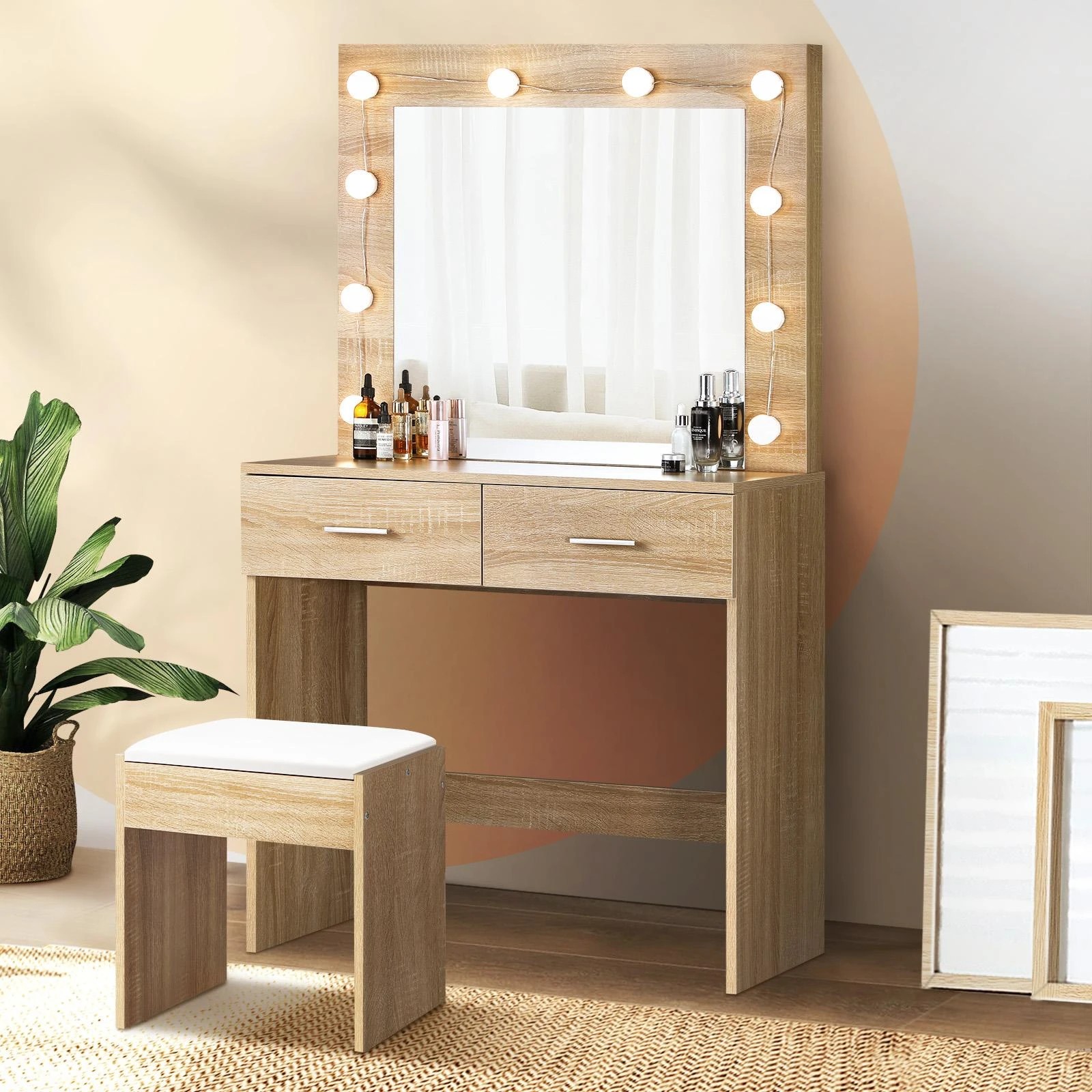2 Oikiture Dressing Table Stool Set Makeup Mirror Storage Desk 10 Led Bulbs Wooden
 - Natural, 2 of 9