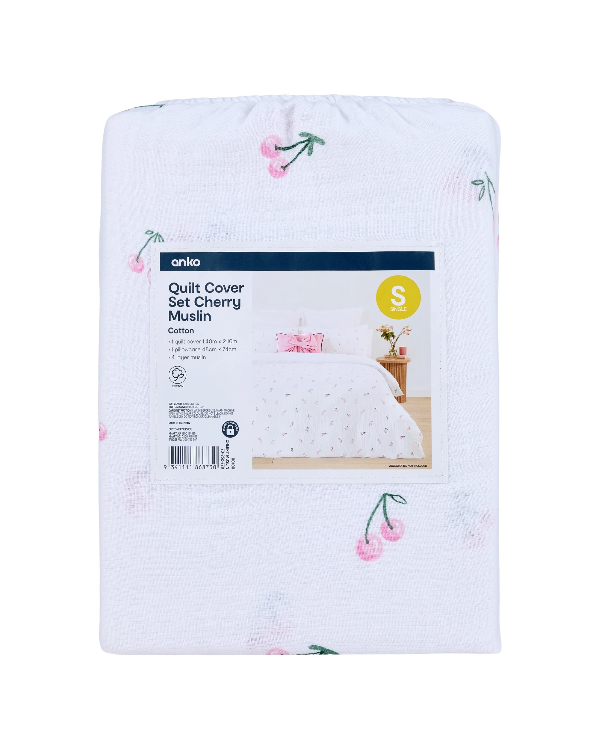 7 Cherry Muslin Cotton Quilt Cover Set - Single Bed, 7 of 7
