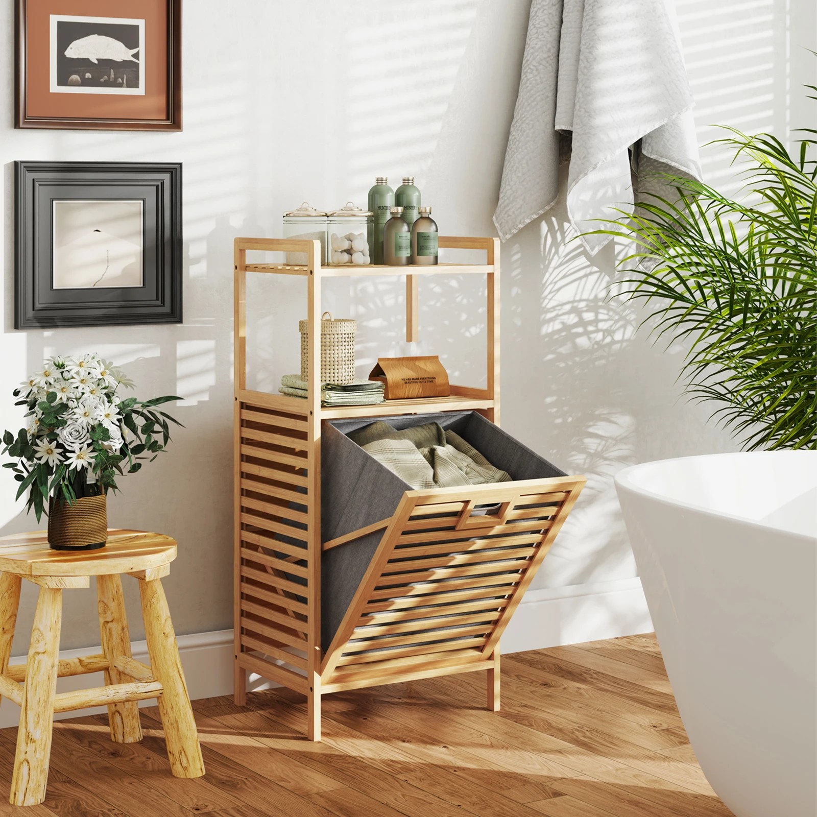 3 Costway Bamboo Laundry Cabinet Bathroom Storage Cupboard w/Tilt-Out Basket - Natural, 3 of 6