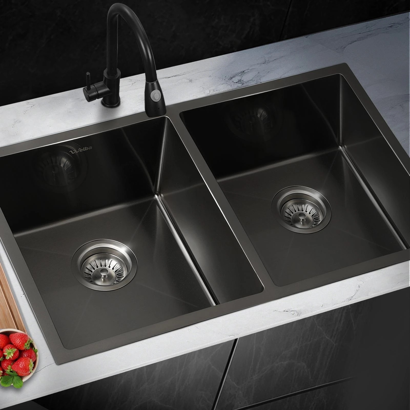 2 Welba Kitchen Sink Stainless Steel Basin Double Under/Top/Flush Mount - Black, 2 of 6