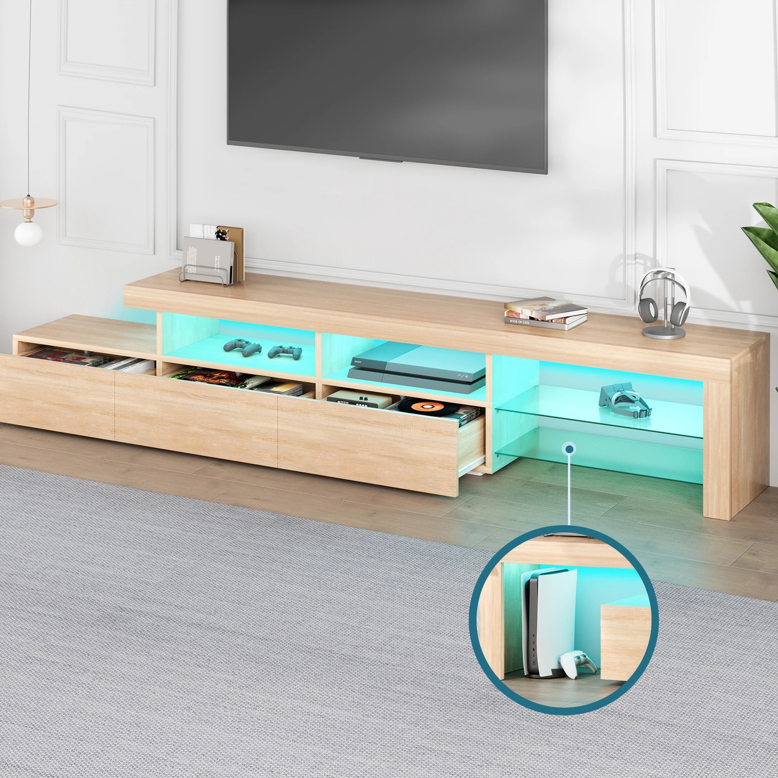 7 Alfordson Entertainment Unit 220cm TV Stand LED Light Storage Drawer - Oak, 7 of 10