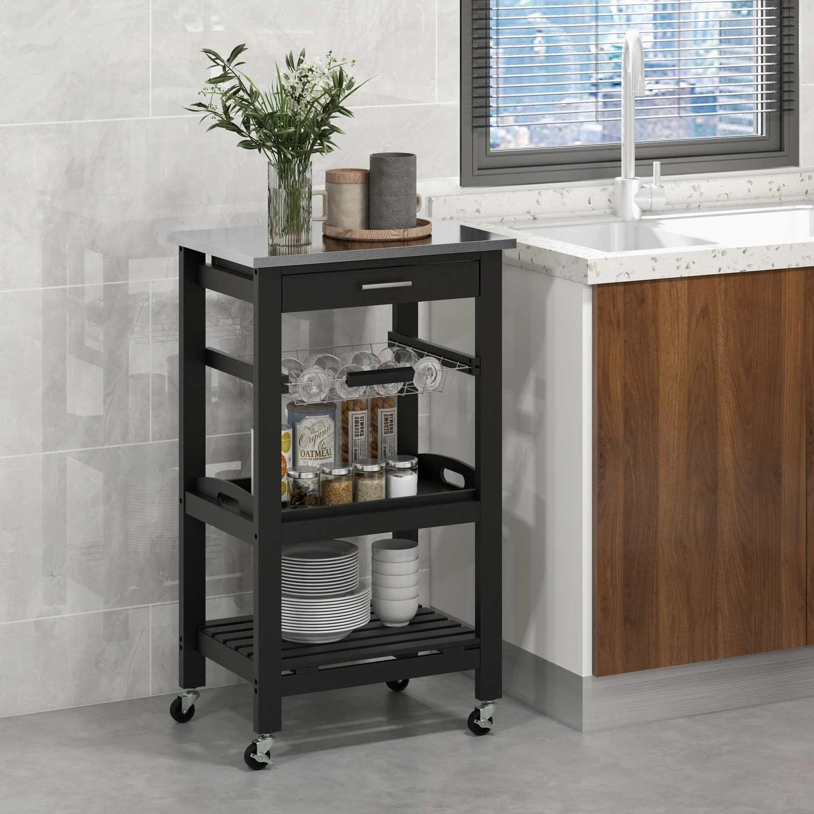 3 Costway 5-Tier Kitchen Storage Cart Serving Trolley w/Stainless Steel Tabletop - Black, 3 of 4