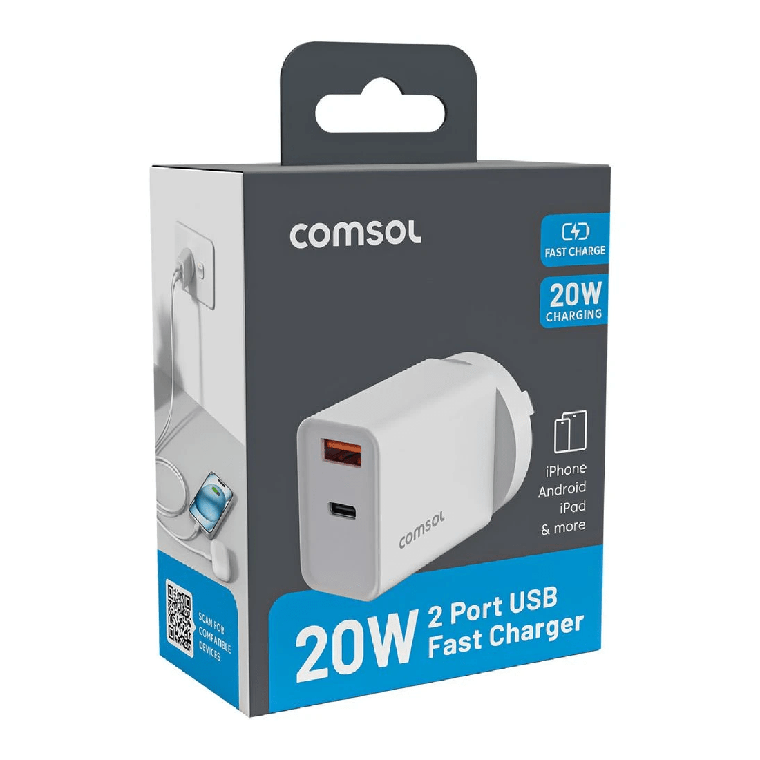 2 Comsol 20W Dual Port Wall Charger White, 2 of 5