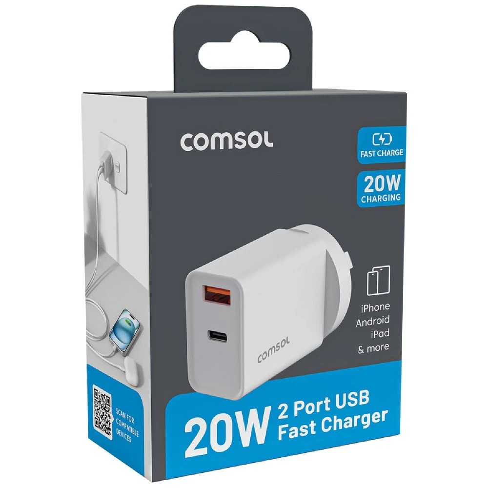 2 Comsol 20W Dual Port Wall Charger White, 2 of 5
