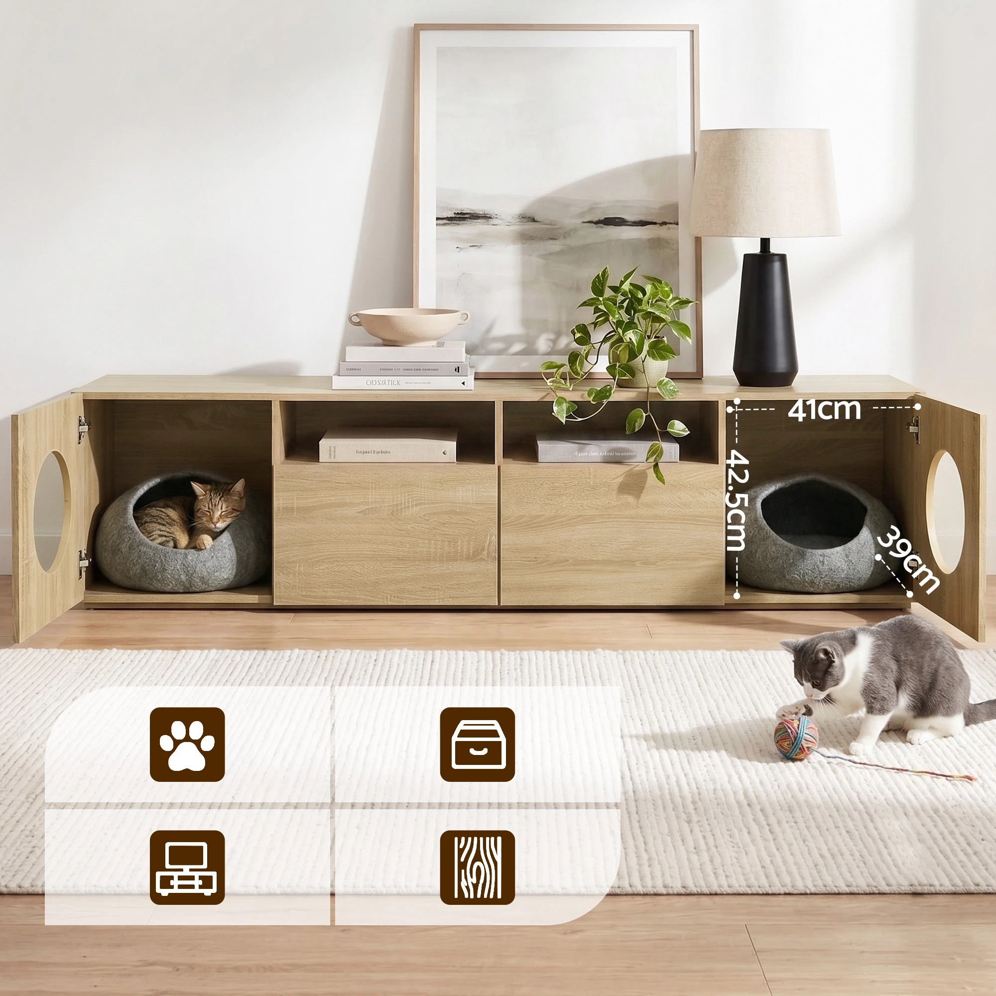 4 Artiss 185CM TV Unit with Cat House Storage Cabinet - Natural, 4 of 8