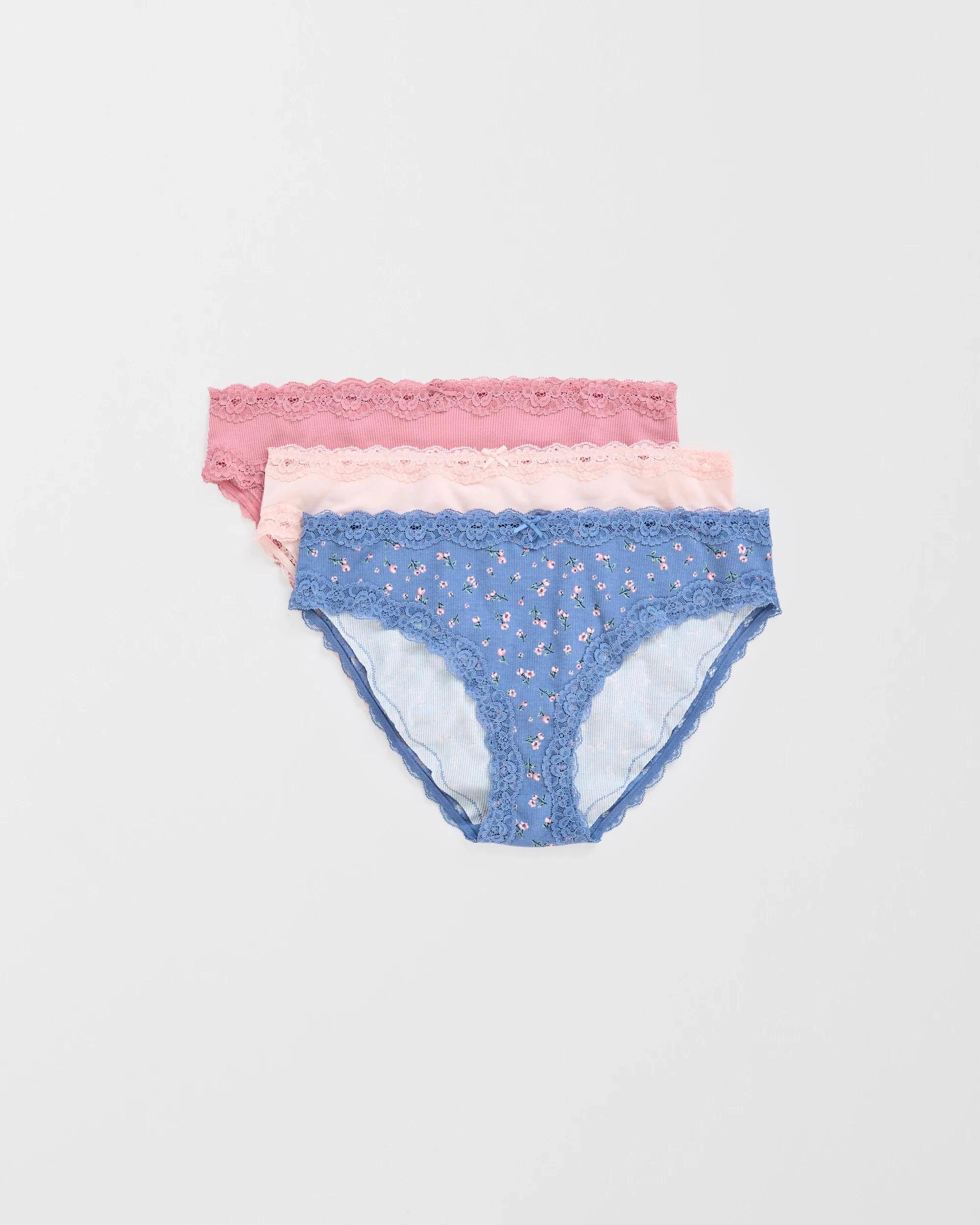 1 Target Woman Australian Cotton & Lace 3 Pack Bikini Briefs FOX GLOVE/POTPOURRI/LAYLA DITSY NAVY, 1 of 4