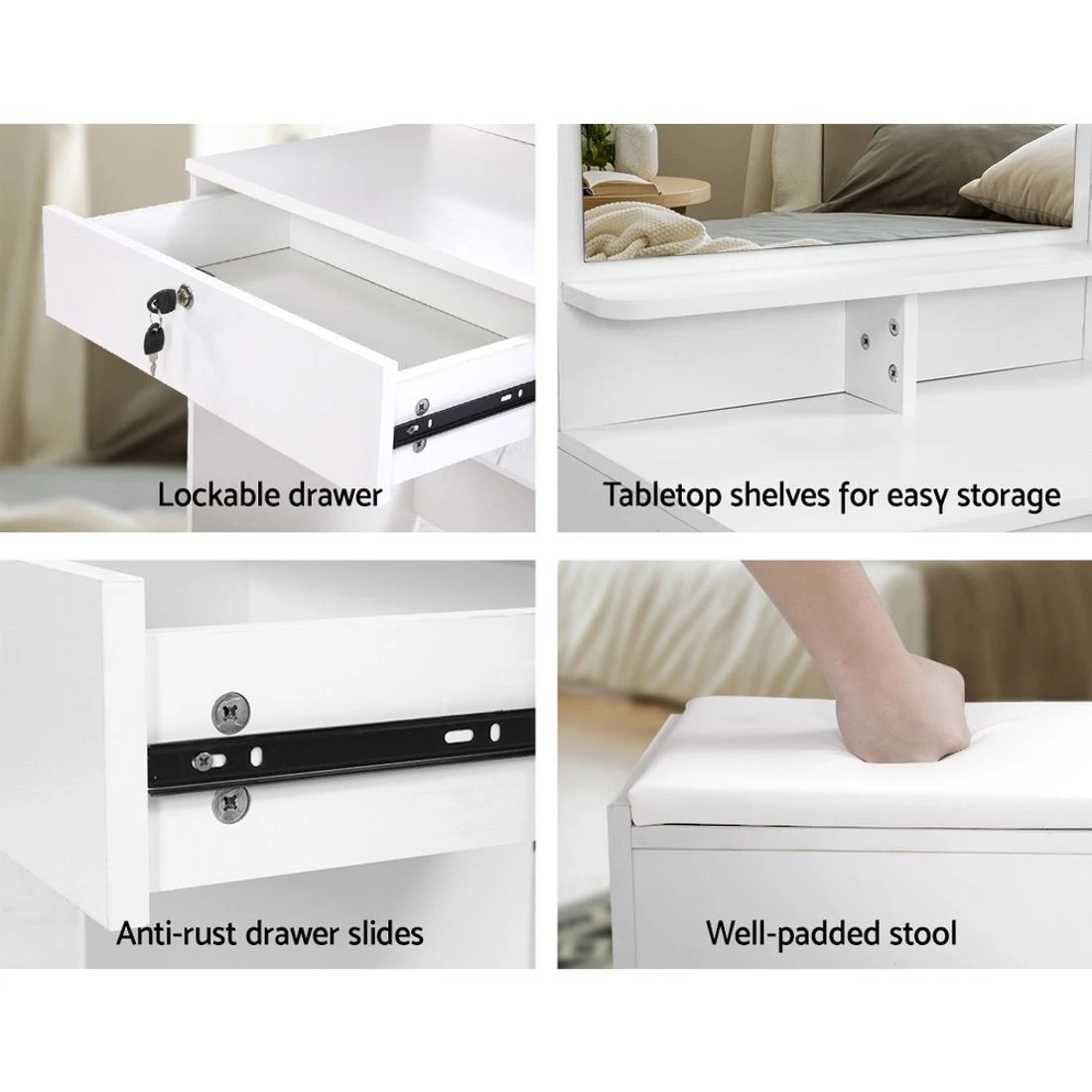 7 Artiss Dressing Table Stool Set 4 Drawers Vanity Mirror Stool Set Makeup Storage Drawers Easy Assembly
 - white, 7 of 8