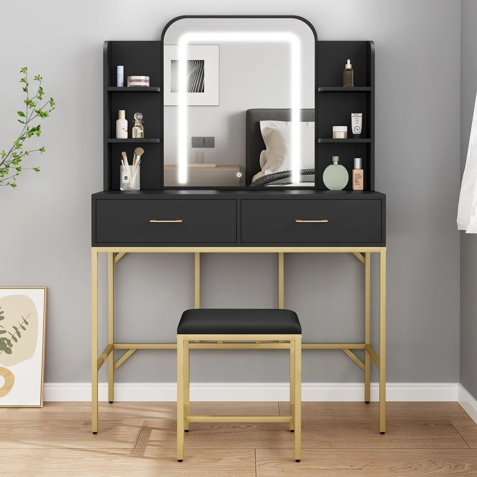 2 Alfordson Dressing Table Stool Set Makeup Mirror LED Vanity Desk Metal - Black, 2 of 10