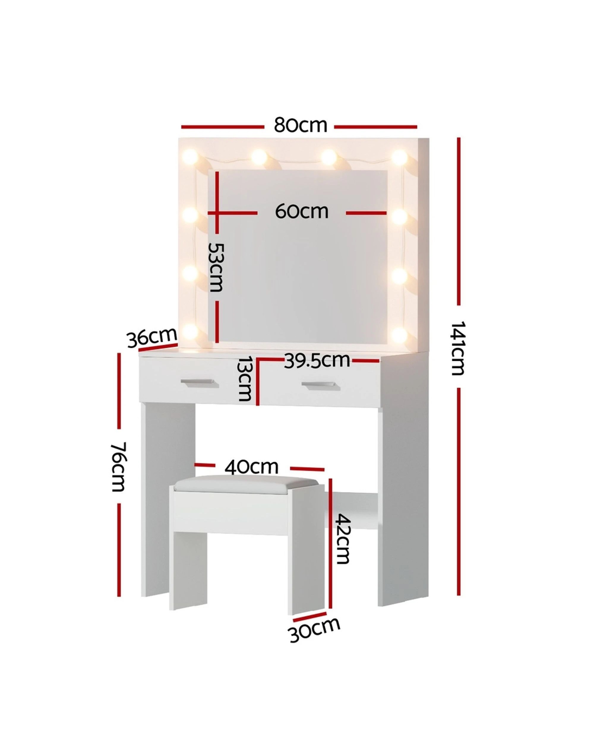 2 Artiss Dressing Table Vanity Desk Set Stool 10 Led Bulbs - White, 2 of 8