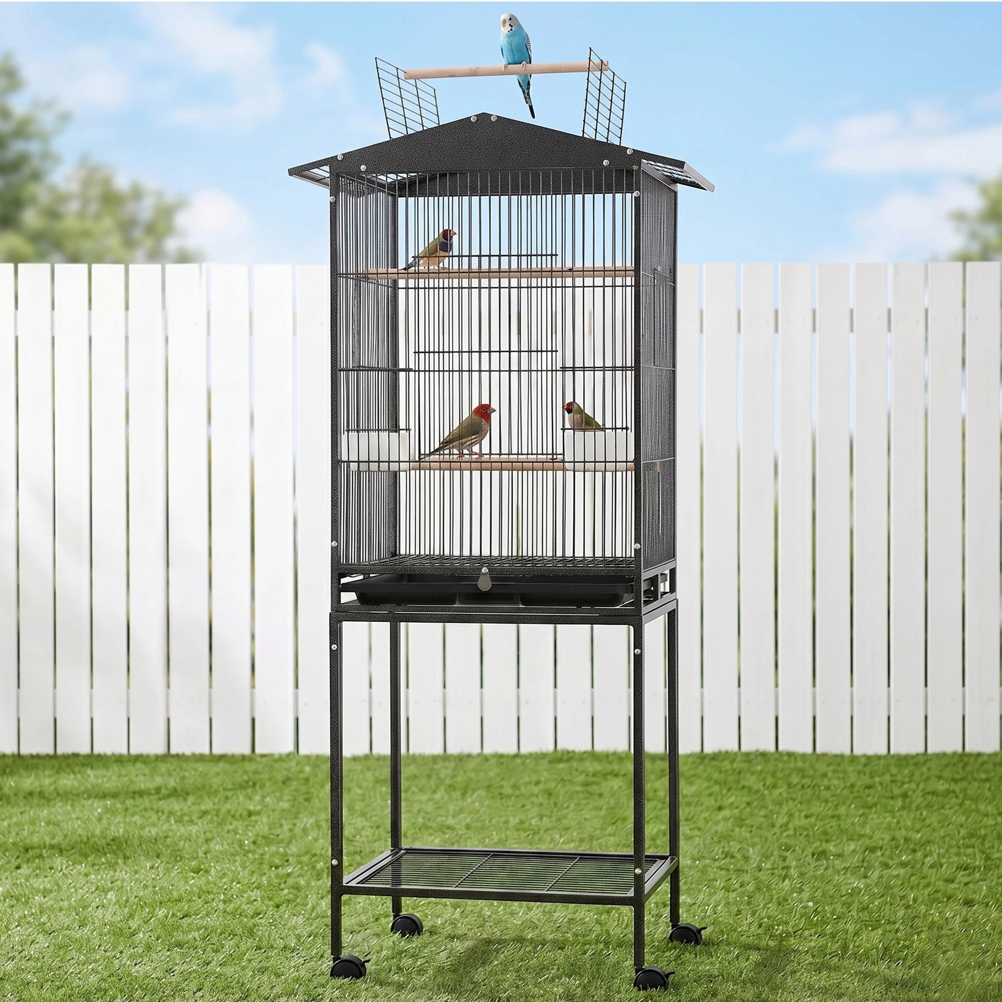 2 i.Pet 136cm Bird Cage Aviary Open Top Parrot Budgie Stand Wheels Black - Black, 2 of 8