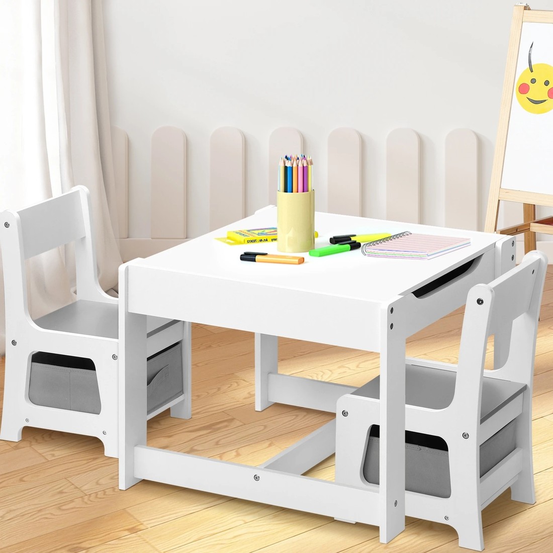 3 Oikiture Kids Table And Chairs Set Activity Play Study Desk W/ Toys Storage Box
 - Grey, 3 of 9
