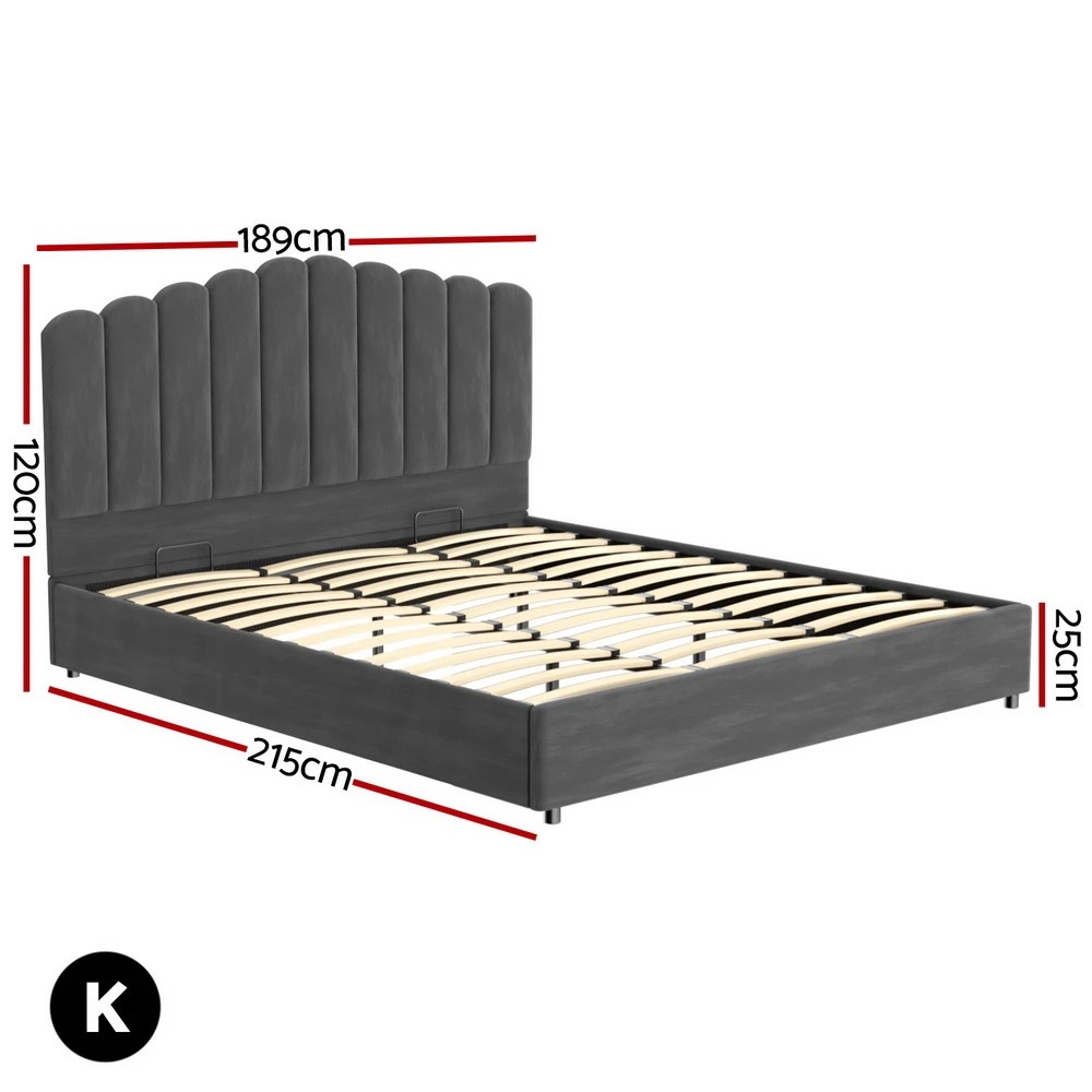2 Artiss Bed Frame King Size Velvet  FION - Grey, 2 of 7