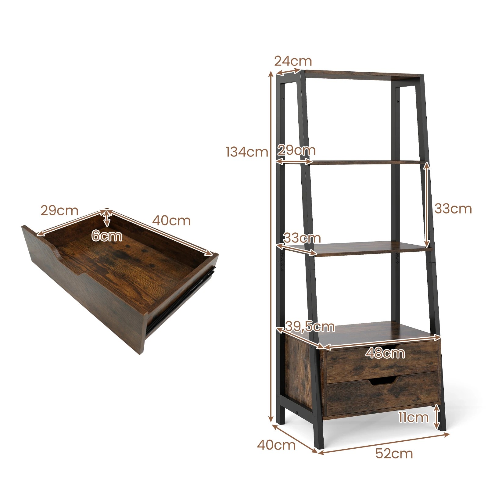 3 Costway Ladder Bookshelf w/Storage Shelf & Drawer Tall Display Rack Bookcase - Brown, 3 of 4