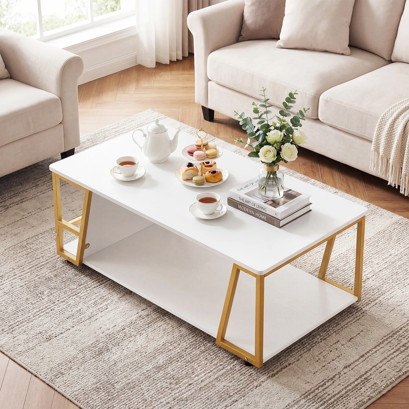 5 Costway 2-Tier Coffee Table Rectangle Center Table w/Geometric Metal Frame, 5 of 6