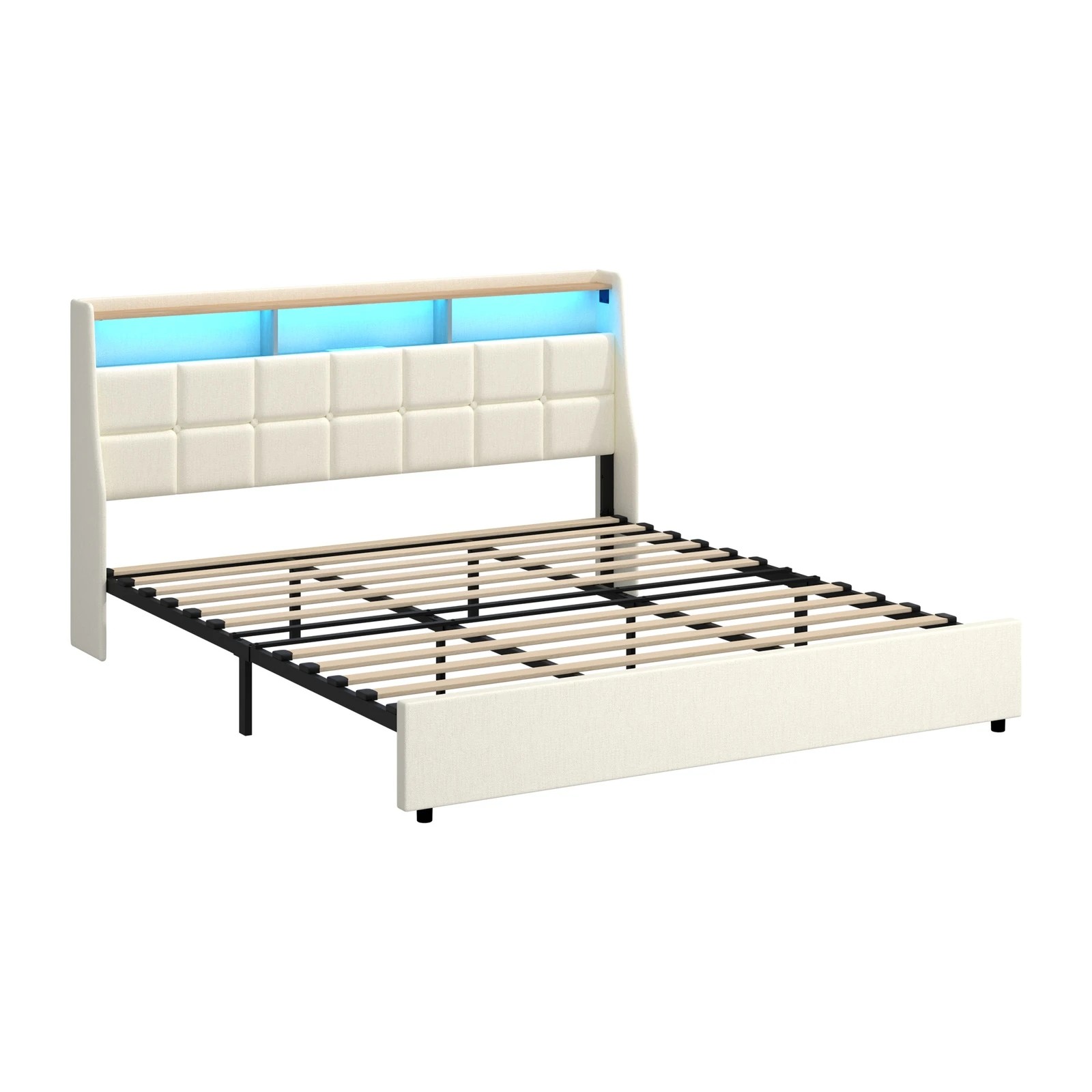 6 Oikiture King Size Bed Frame with LED Storage Headboard USB Charging - Beige, 6 of 6