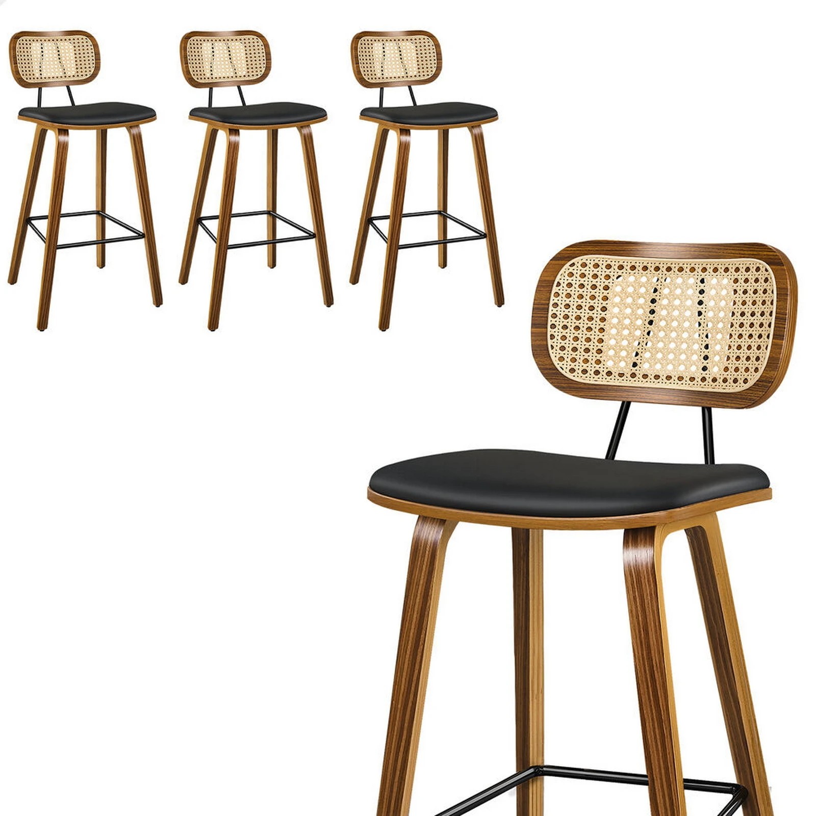 1 Alfordson 4x Bar Stools Kitchen Vintage Leather Seat Rattan Chair Wooden - Black, 1 of 9