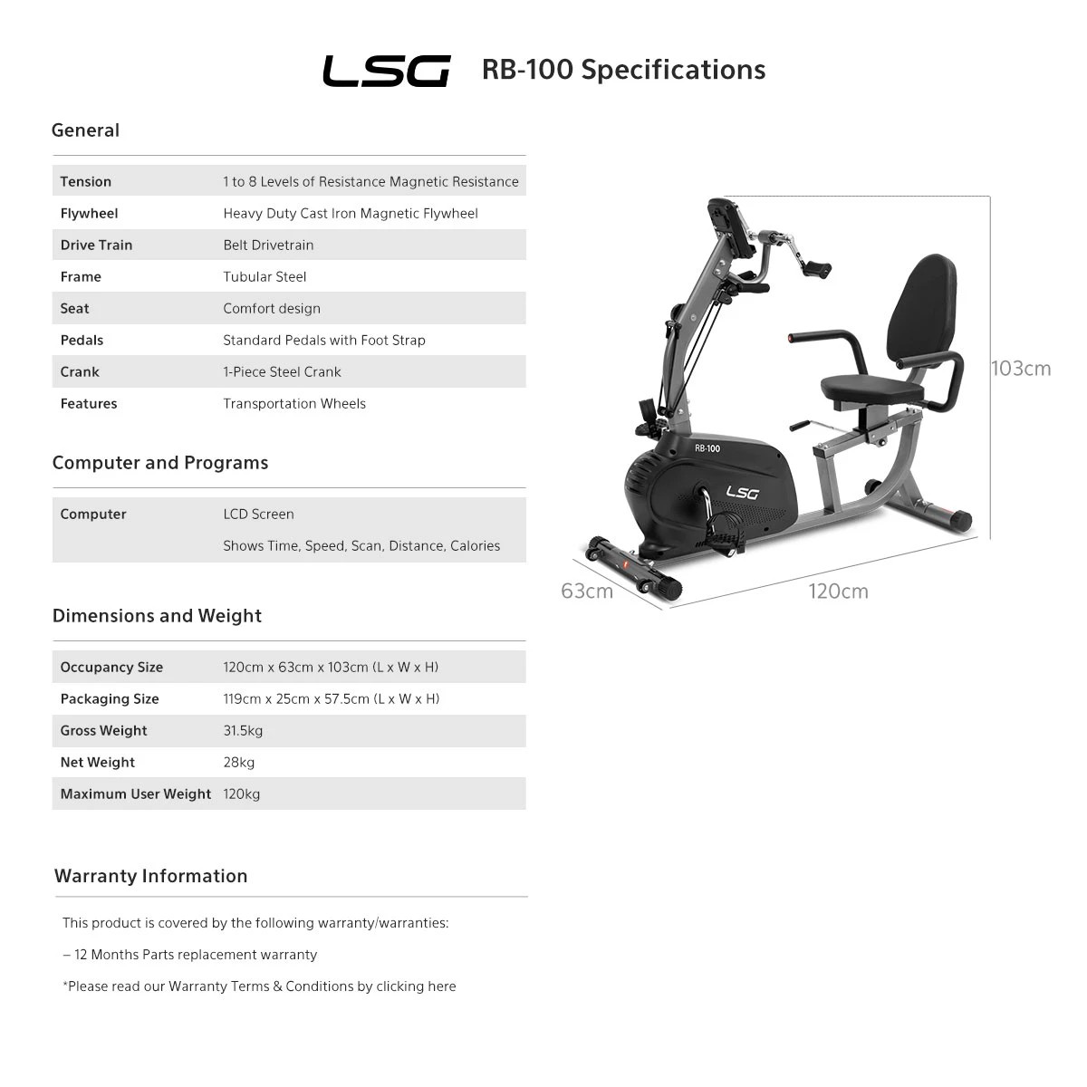 10 LSG Fitness RB-100 Recumbent Bike - Black, 10 of 10
